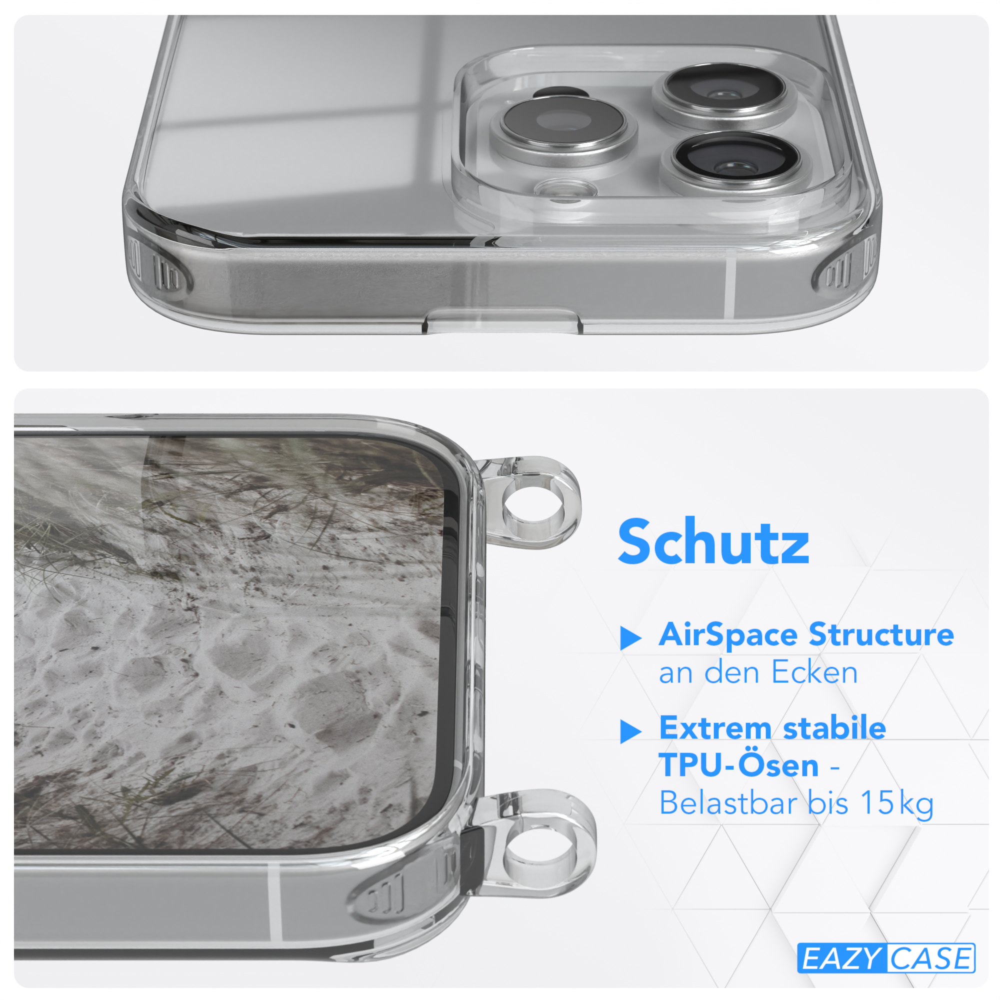 Transparente Handyhülle mit Telefon darin. Die Hülle hat Kamera- und Knopfausschnitte.
