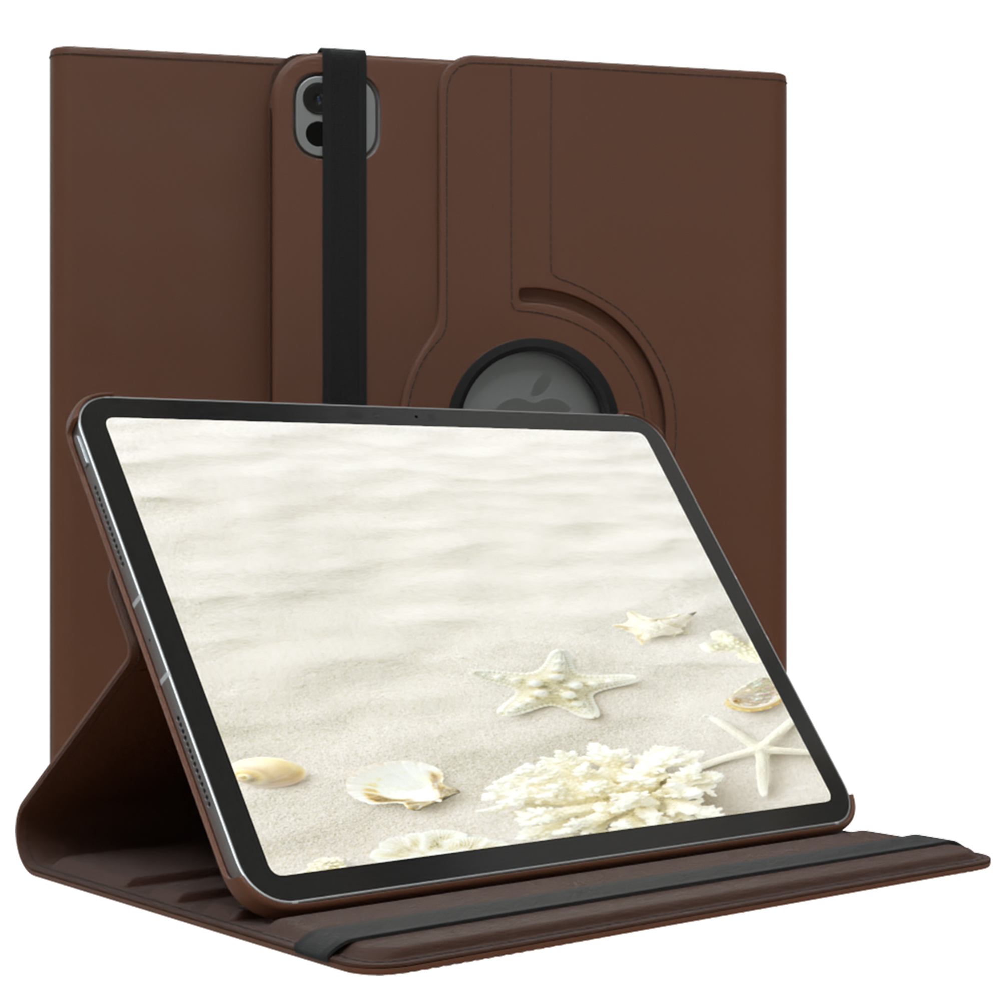 Braune Tablet-Hülle mit Tablet-Inhalt Strand. Schwarzer Riemenverschluss.