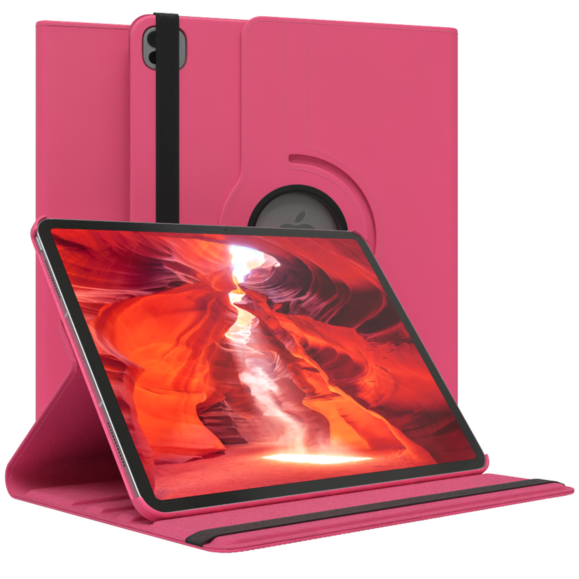 Rosa Tablethülle, Abdeckung mit schwarzem Riemen. Das Tablet ist geöffnet. Auf weißem Grund.