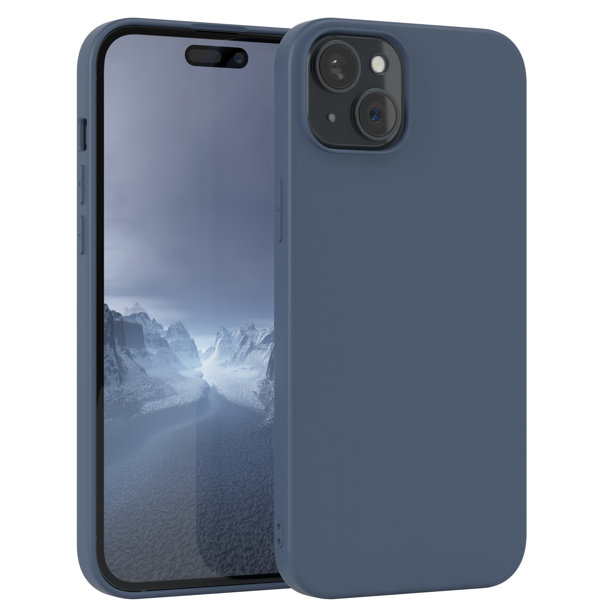 Blaue Handyhülle. Telefon mit schwarzem Bildschirm. Kameralinsen hinten. Weißer Hintergrund.