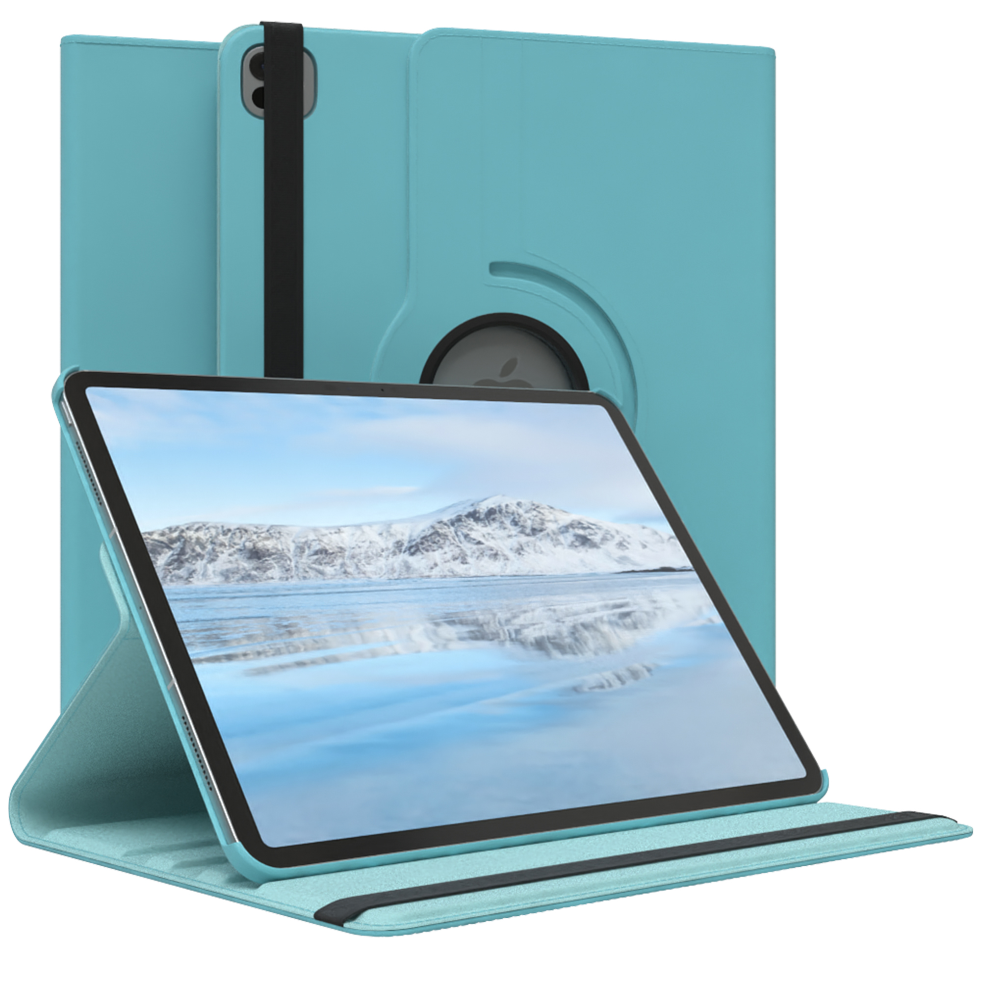 Tablet in einem blauen Gehäuse, offen auf einem Ständer. Ein weiteres geschlossenes Gehäuse dahinter.