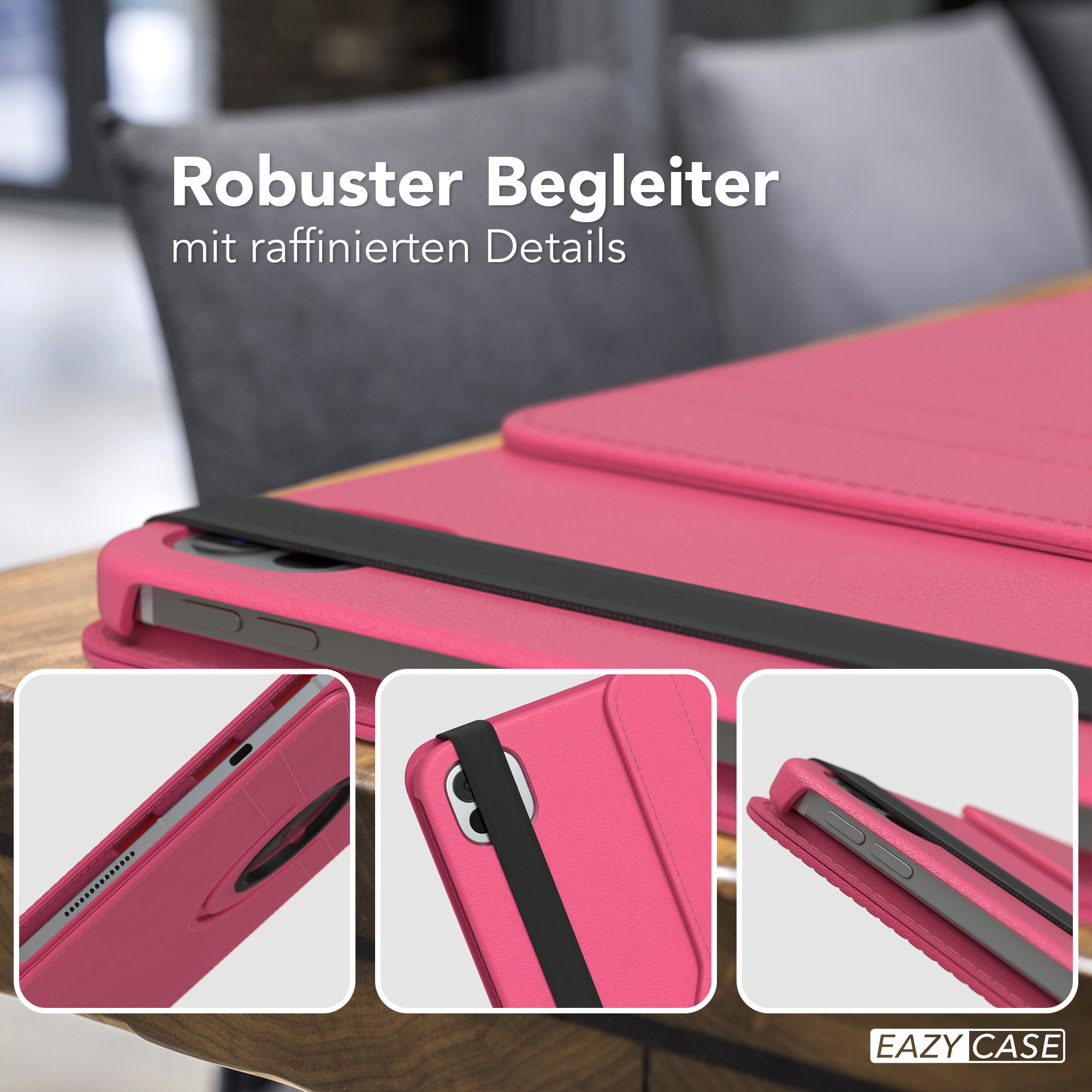 Eine pinkfarbene Tablethülle mit Riemen. Drei Nahaufnahmen der Hülle sind ebenfalls vorhanden.