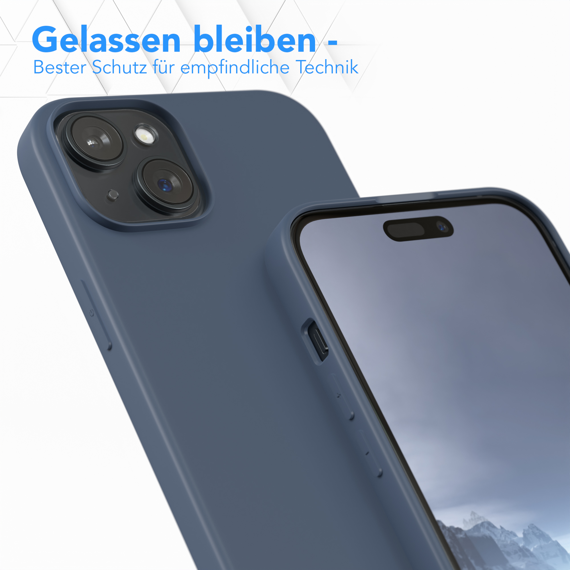 Ein dunkelblaues Telefon mit der Rückseite zum Betrachter, mit einer Nahaufnahme der Telefonkameras rechts.