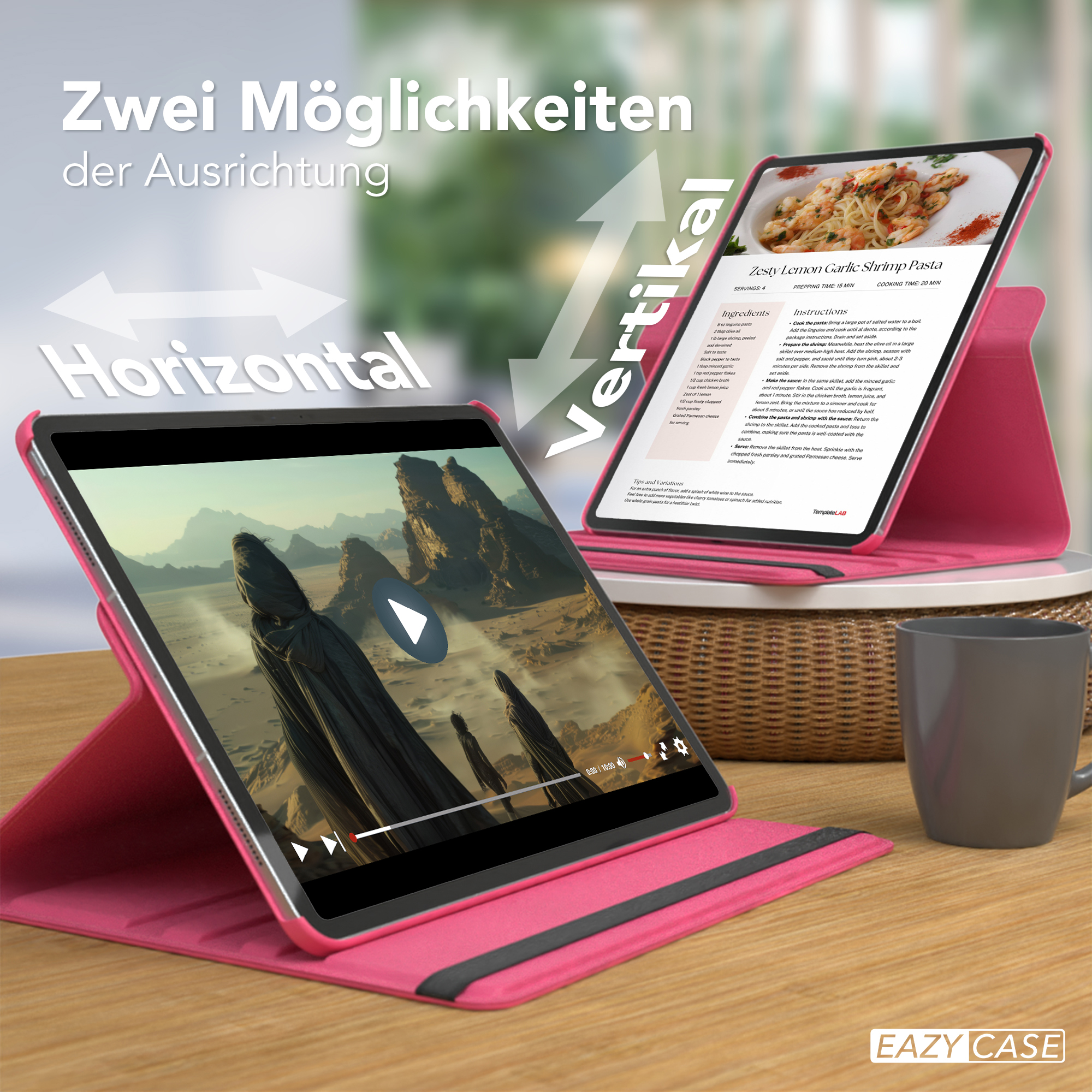 Zwei Tablets mit rosa Hüllen, die Rezepte anzeigen, horizontal und vertikal auf einem Tisch ausgerichtet.