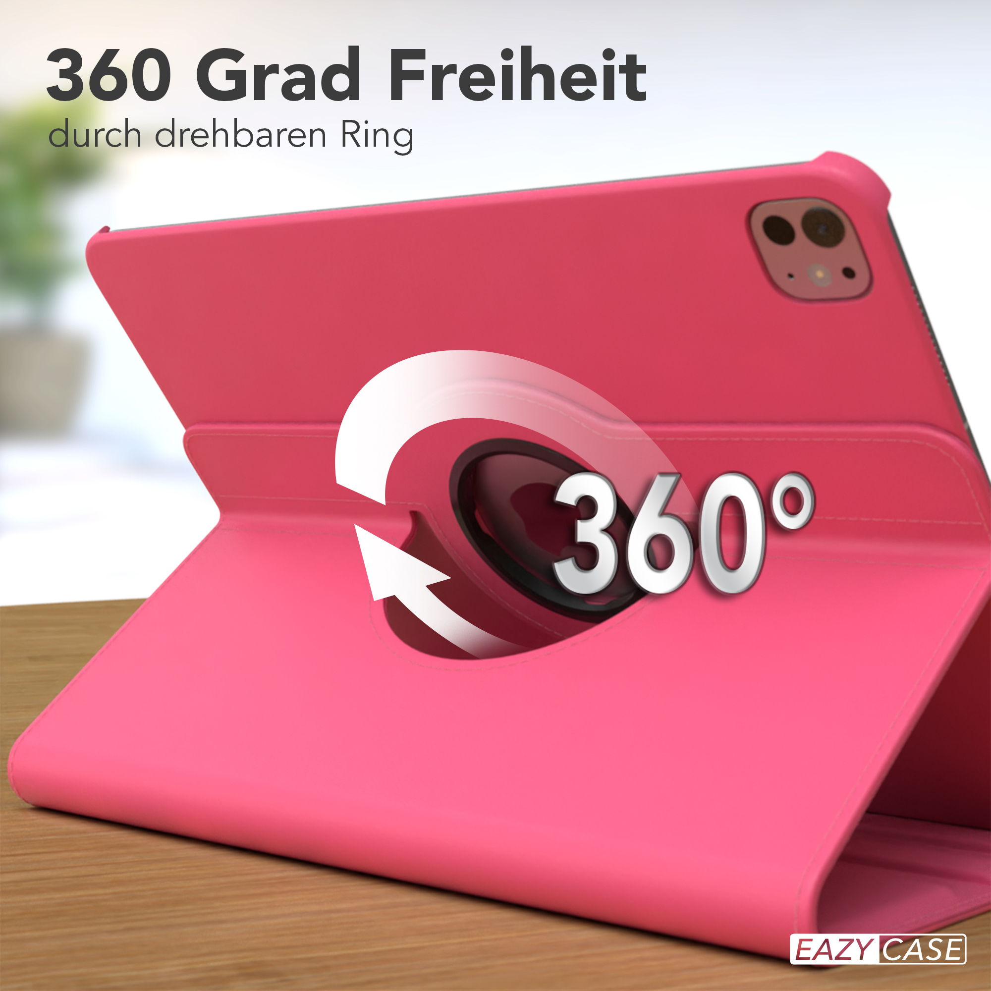 Pinkes Tablett-Case. Das Tablet ist in der Hülle, die sich um 360 Grad drehen lässt.