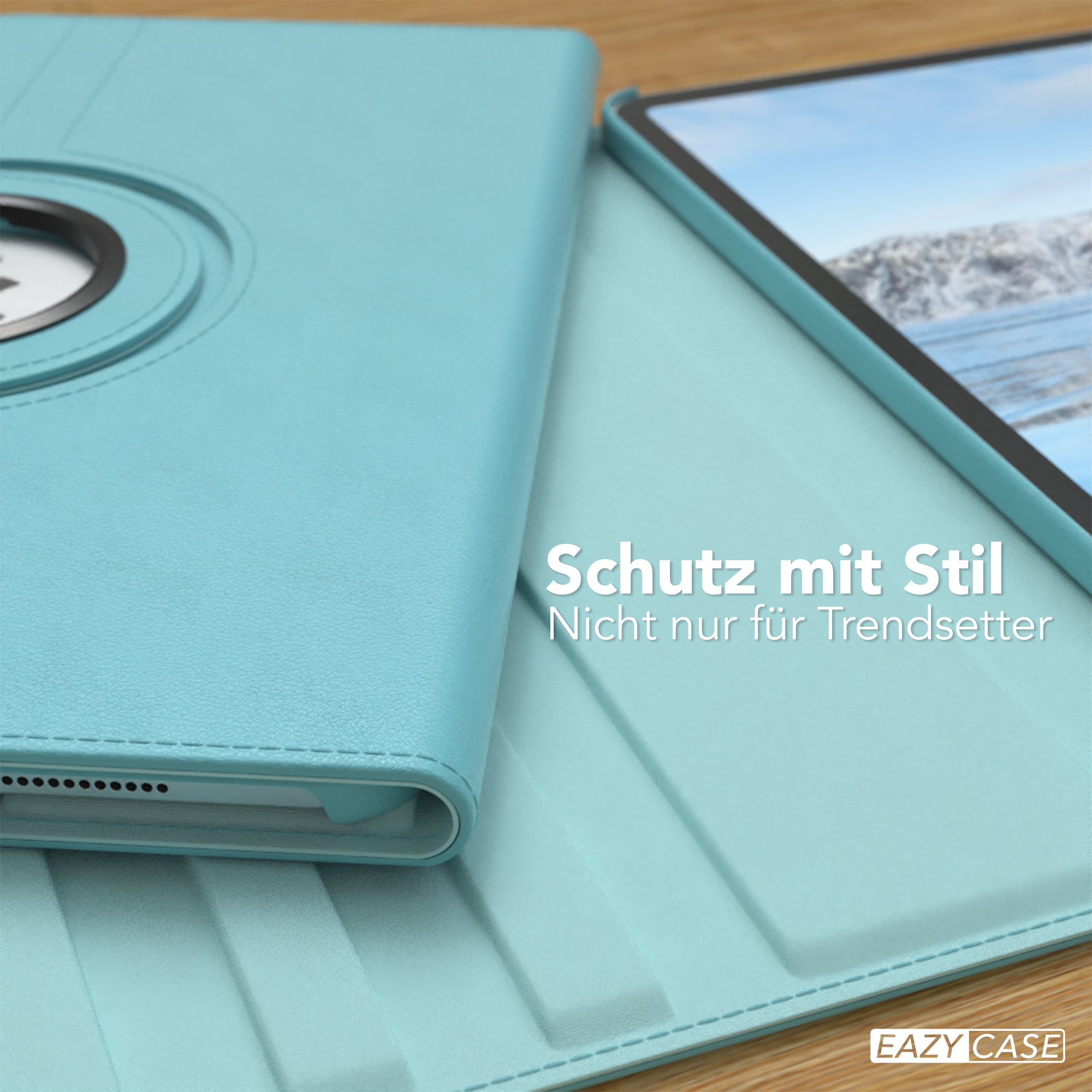 Eine blaue Tablethülle, offen, zeigt Innendetails.