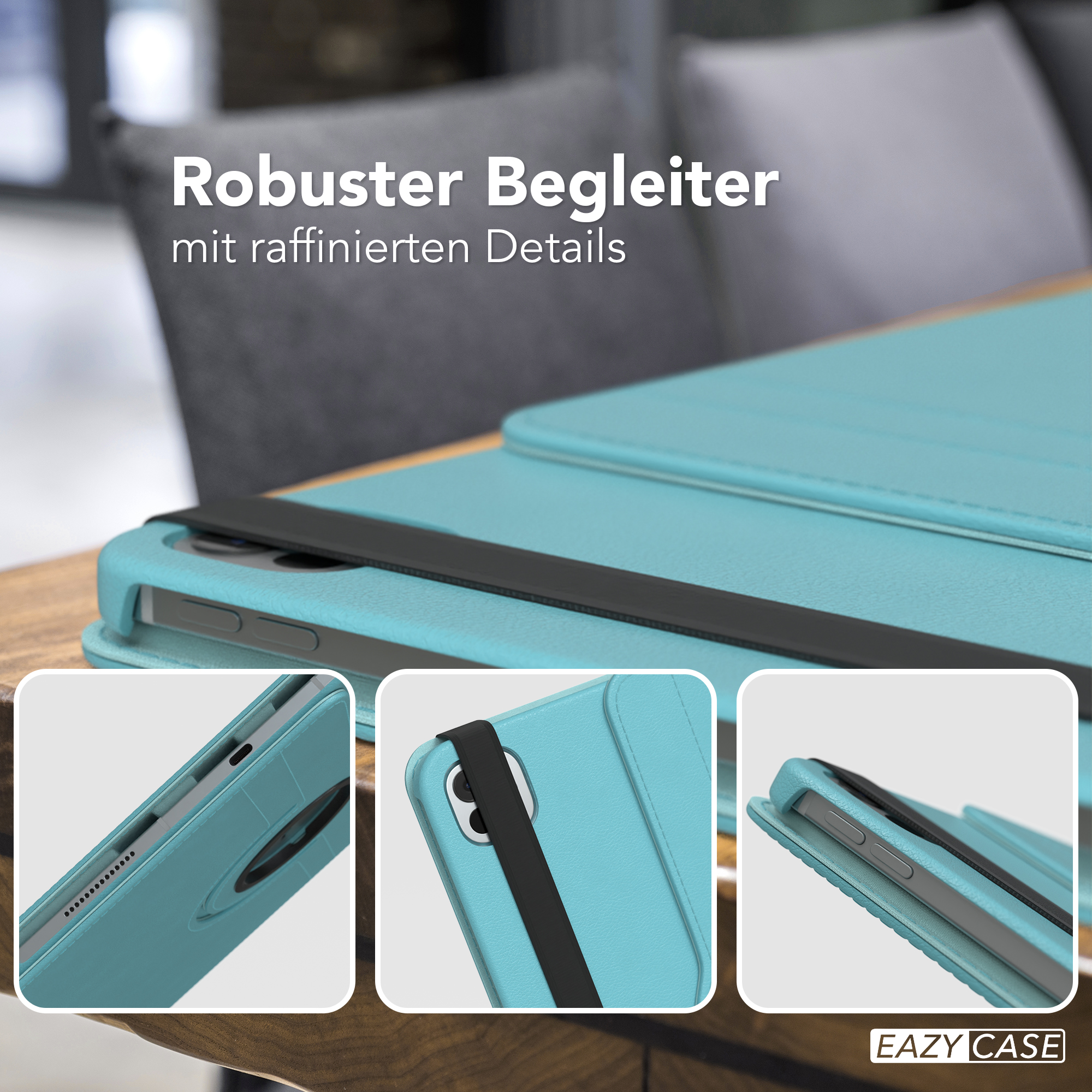Eine türkisblaue iPad-Hülle auf einem Holztisch. Die Hülle ist offen und zeigt das iPad mit Details.