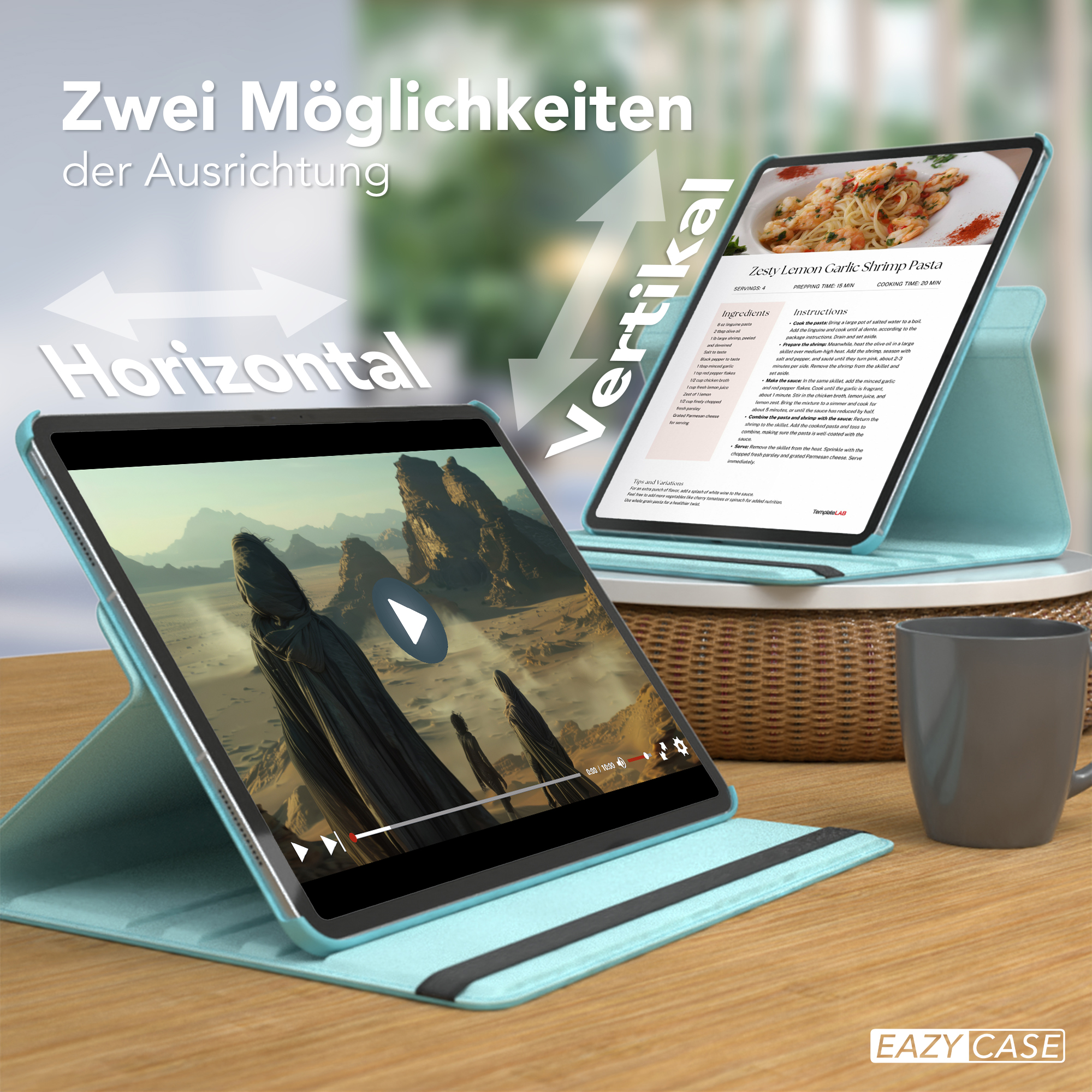 Tablet auf einem Ständer, das ein Video und eine Rezeptseite zeigt, mit einer Tasse.