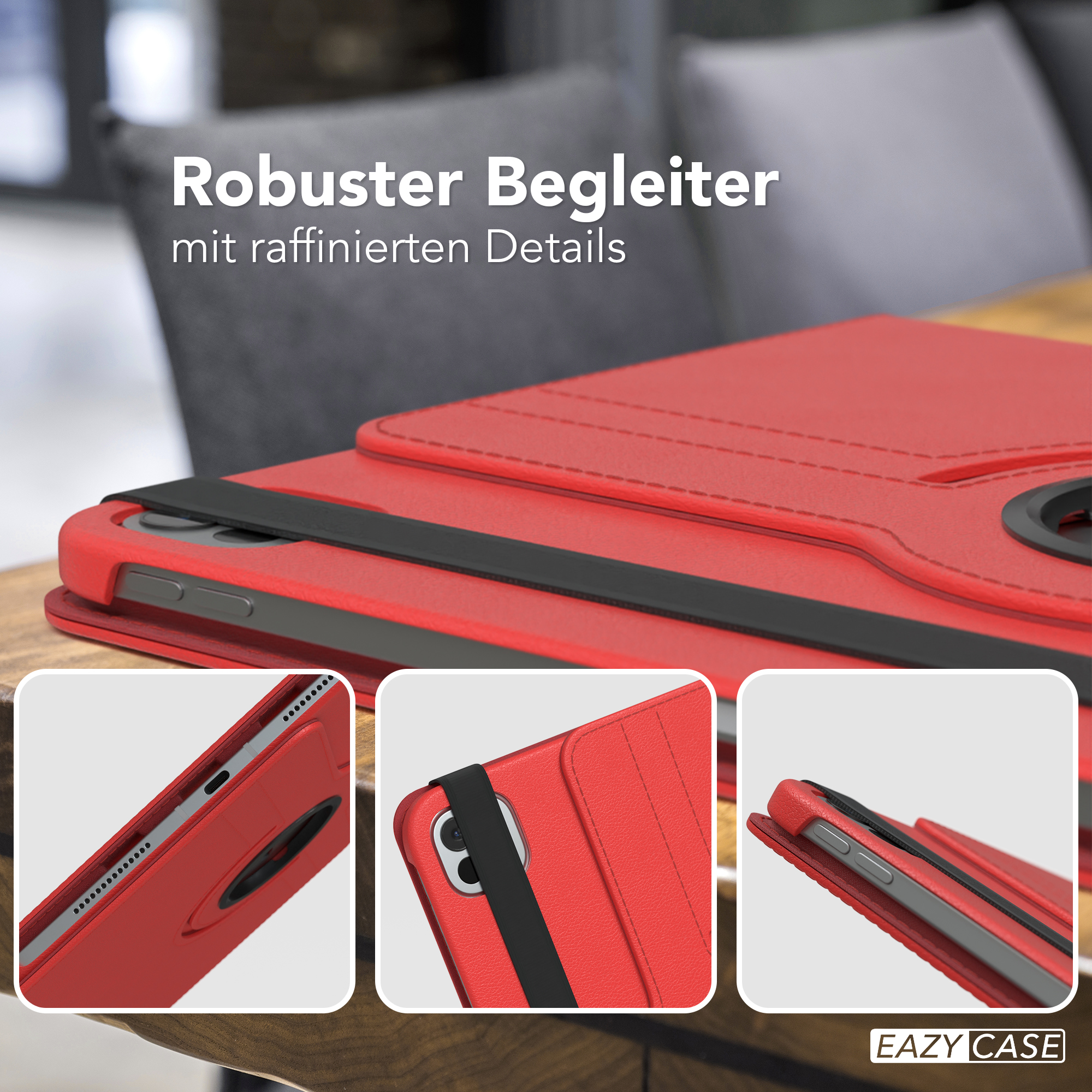 Eine rote Tablethülle mit schwarzem Riemen. Drei Nahaufnahmen zeigen die Details der Hülle.