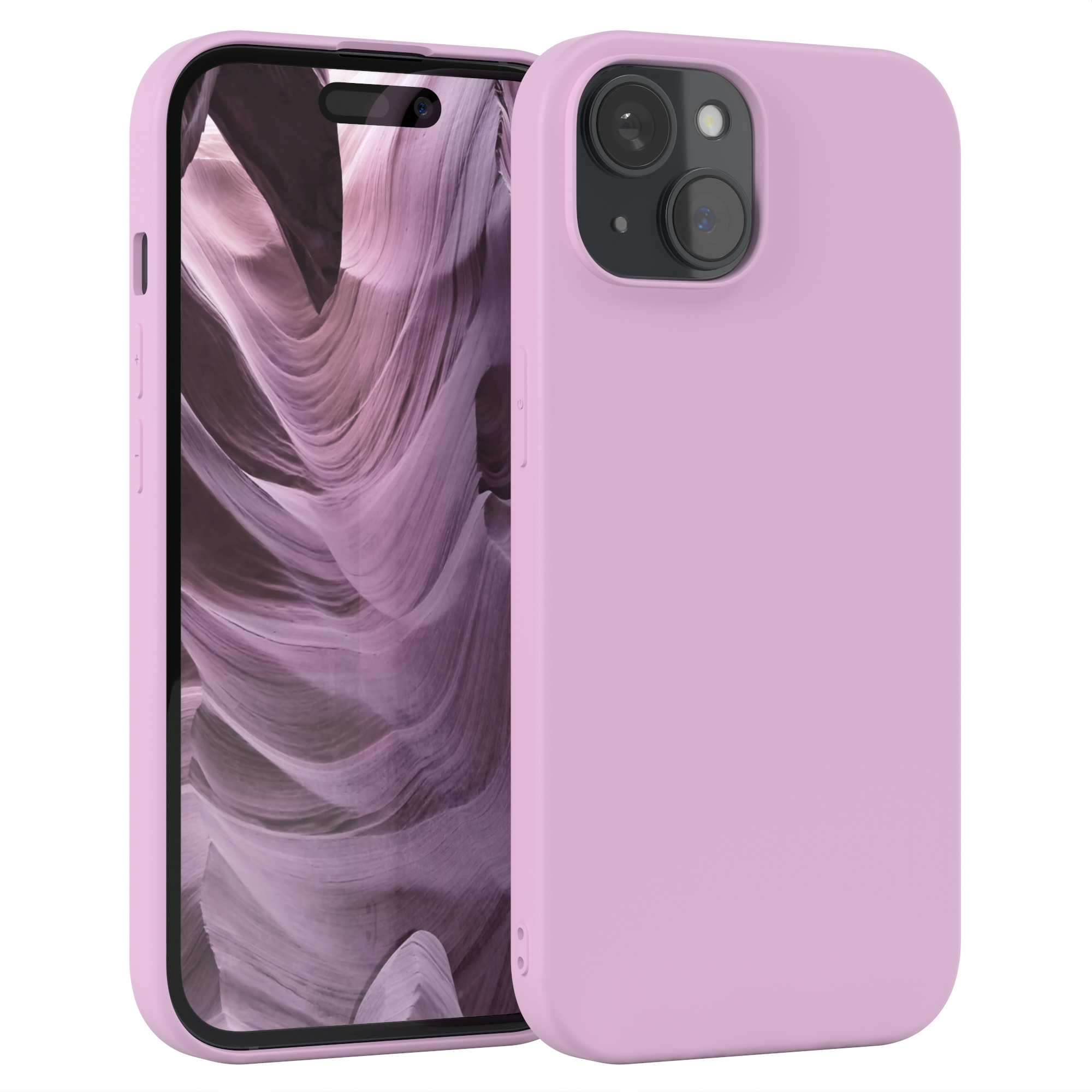 Rosa Handyhülle mit einem Handy. Das Handy hat 2 Kameras und einen Bildschirm. Es ist hellrosa.