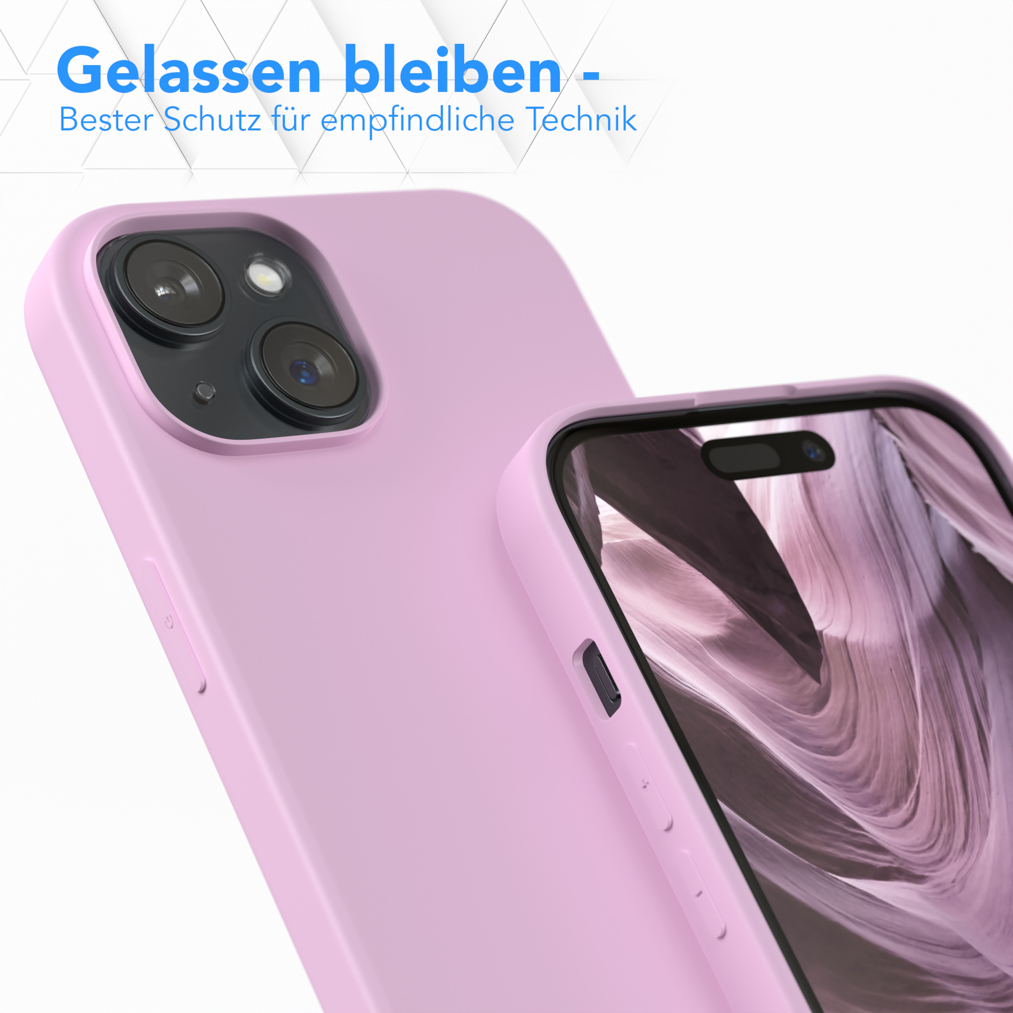 Eine pinkfarbene Handyhülle mit einem Telefon darin. Die Hülle befindet sich auf weißem Hintergrund. Der Text oben.