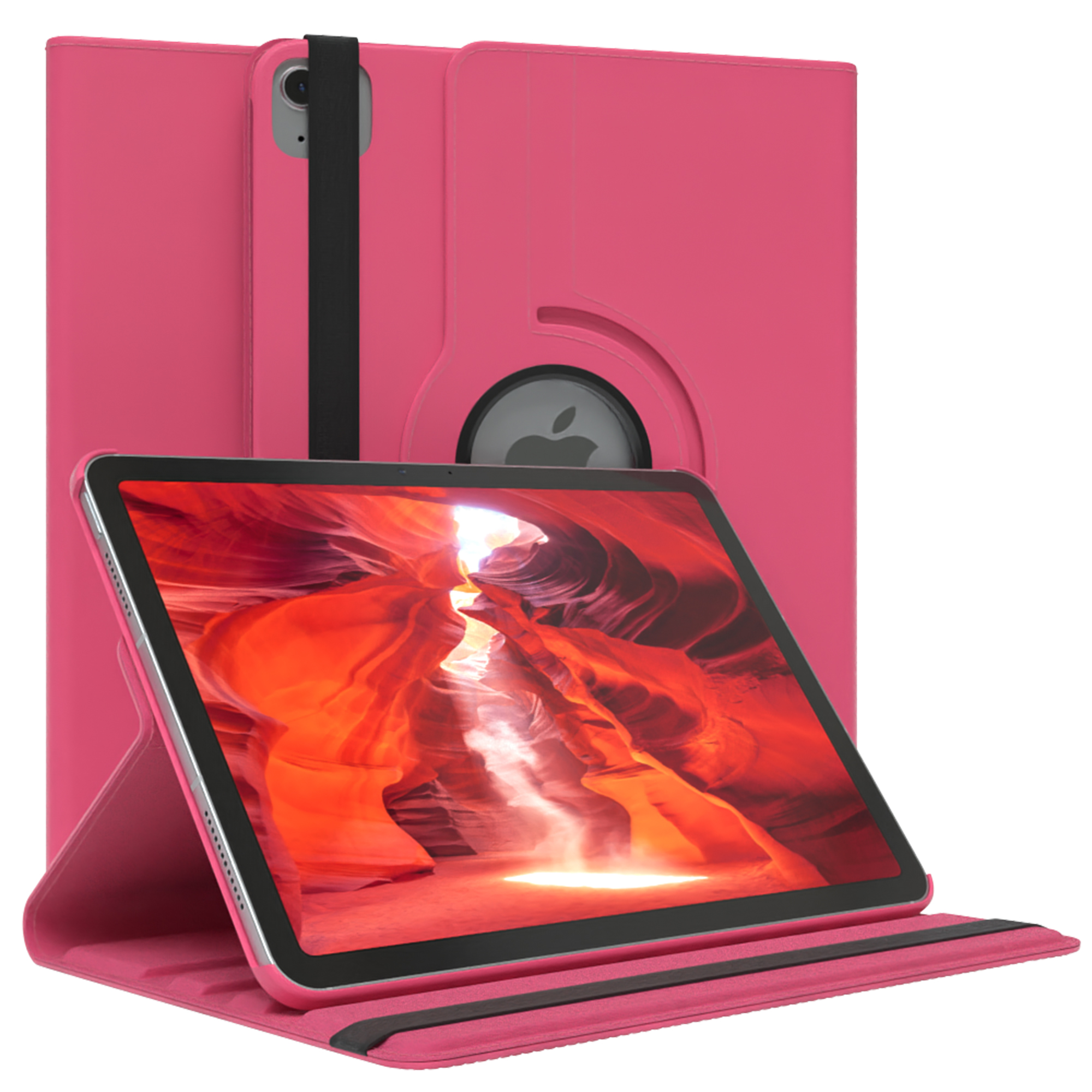 Eine rosa Tablet-Hülle mit einem Tablet darin, das einen roten Canyon zeigt.
