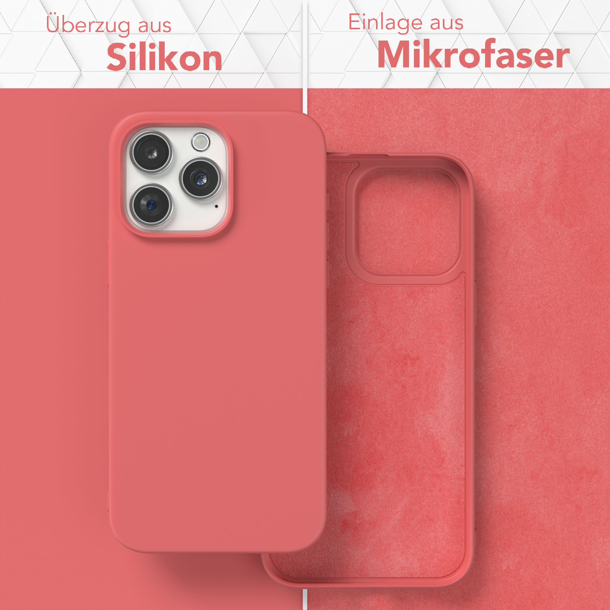Zwei Handyhüllen, eine korallenfarbene, eine mit Mikrofaser-Innenfutter. Text: 'Überzug aus Silikon' und 'Einlage aus Mikrofaser'.