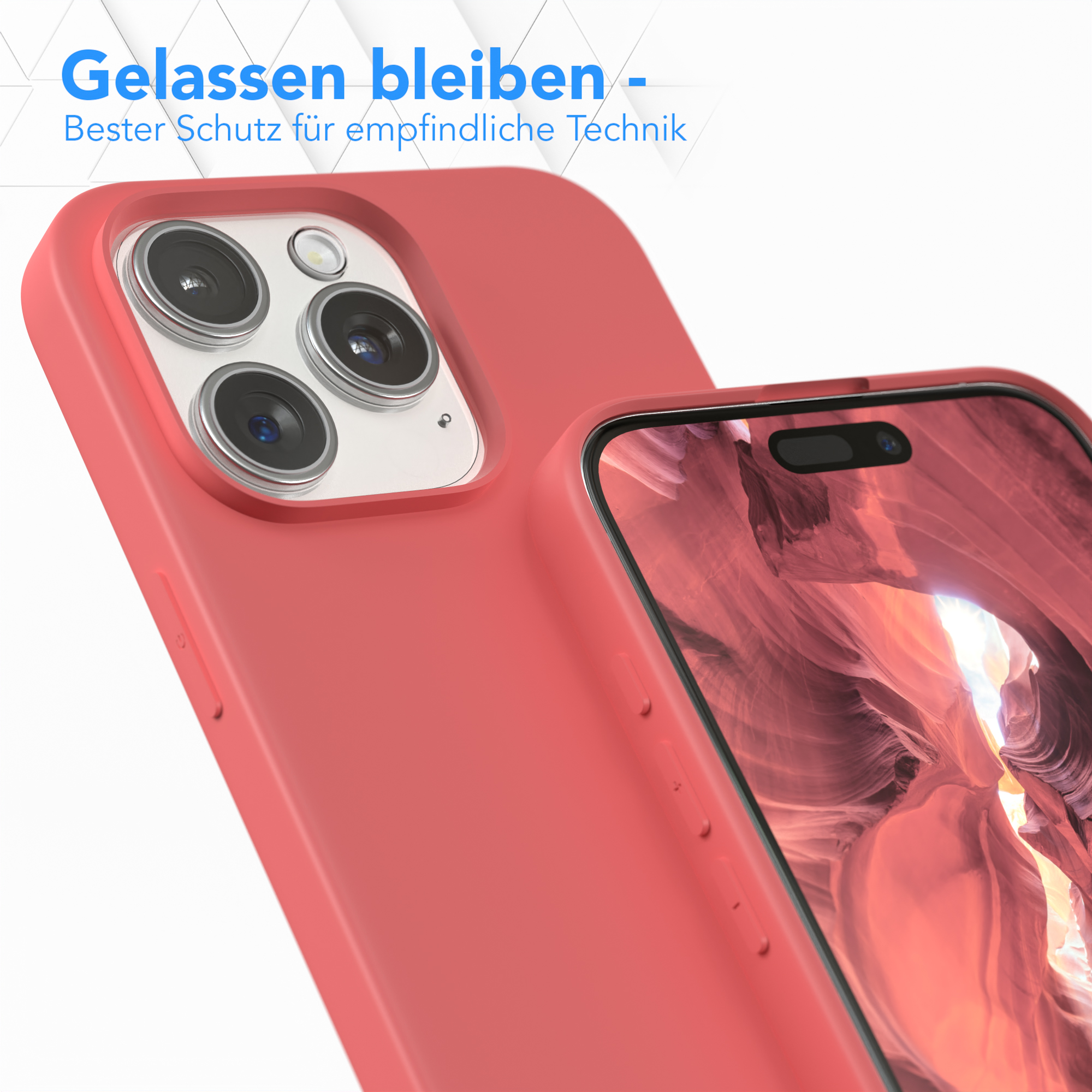 Eine rote Handyhülle mit einem Telefon darin, das die Kameralinsen zeigt. Die Hülle wirkt schützend.