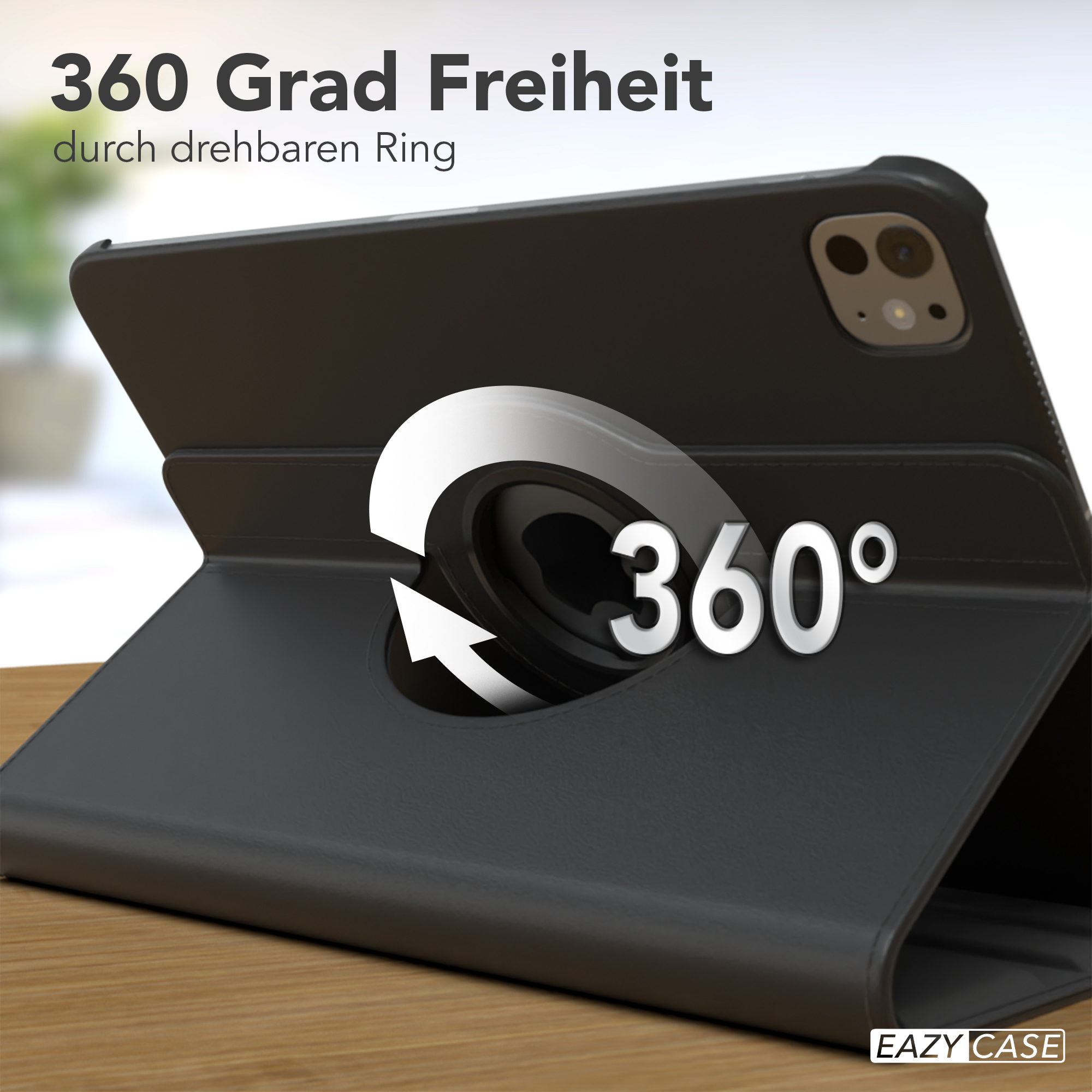 Schwarze Tablethülle mit 360°-Drehfunktion, zeigt einen weißen Pfeil und Text.