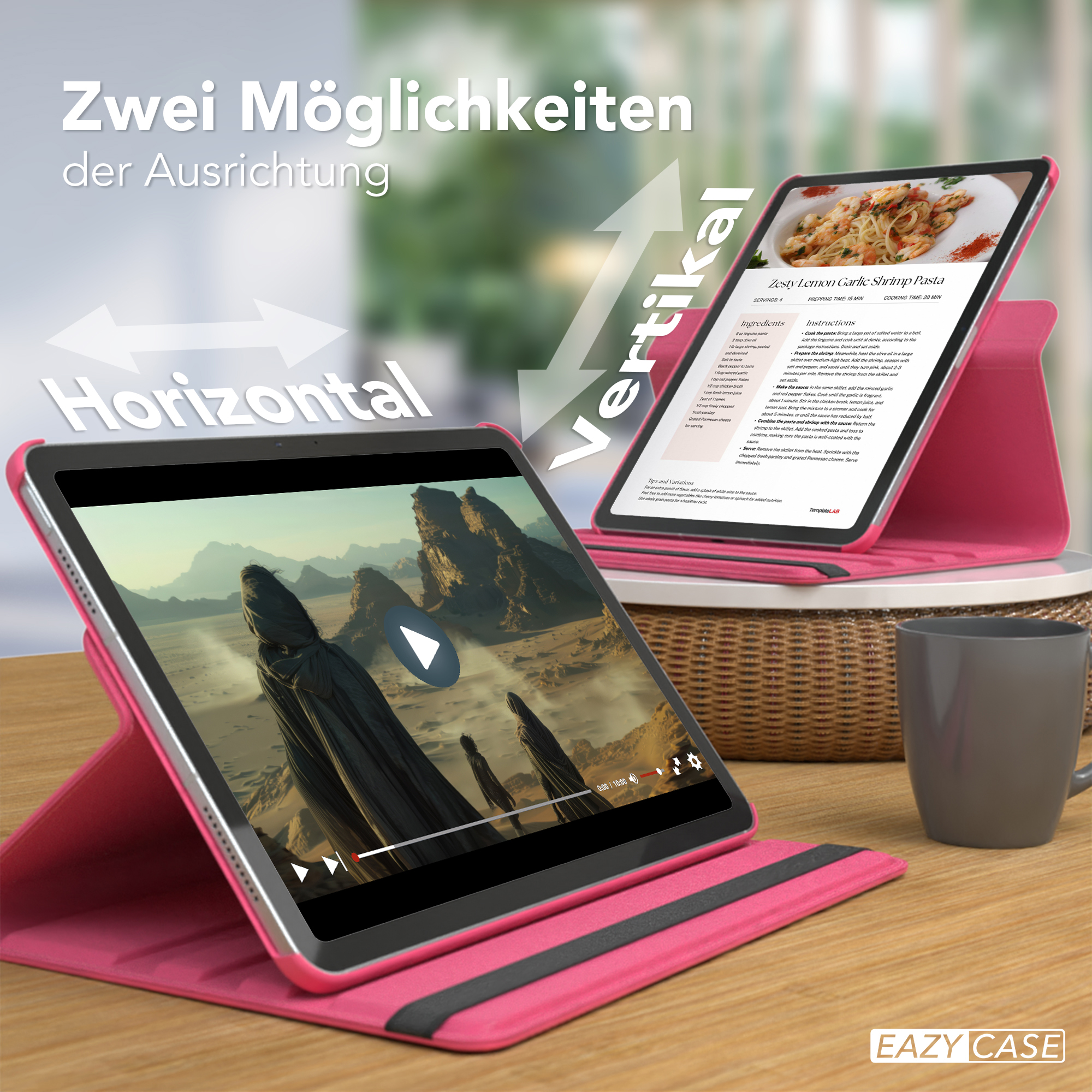 Rosa Tablet auf einem Ständer, das ein Video und eine Rezeptseite zeigt, und eine Tasse.