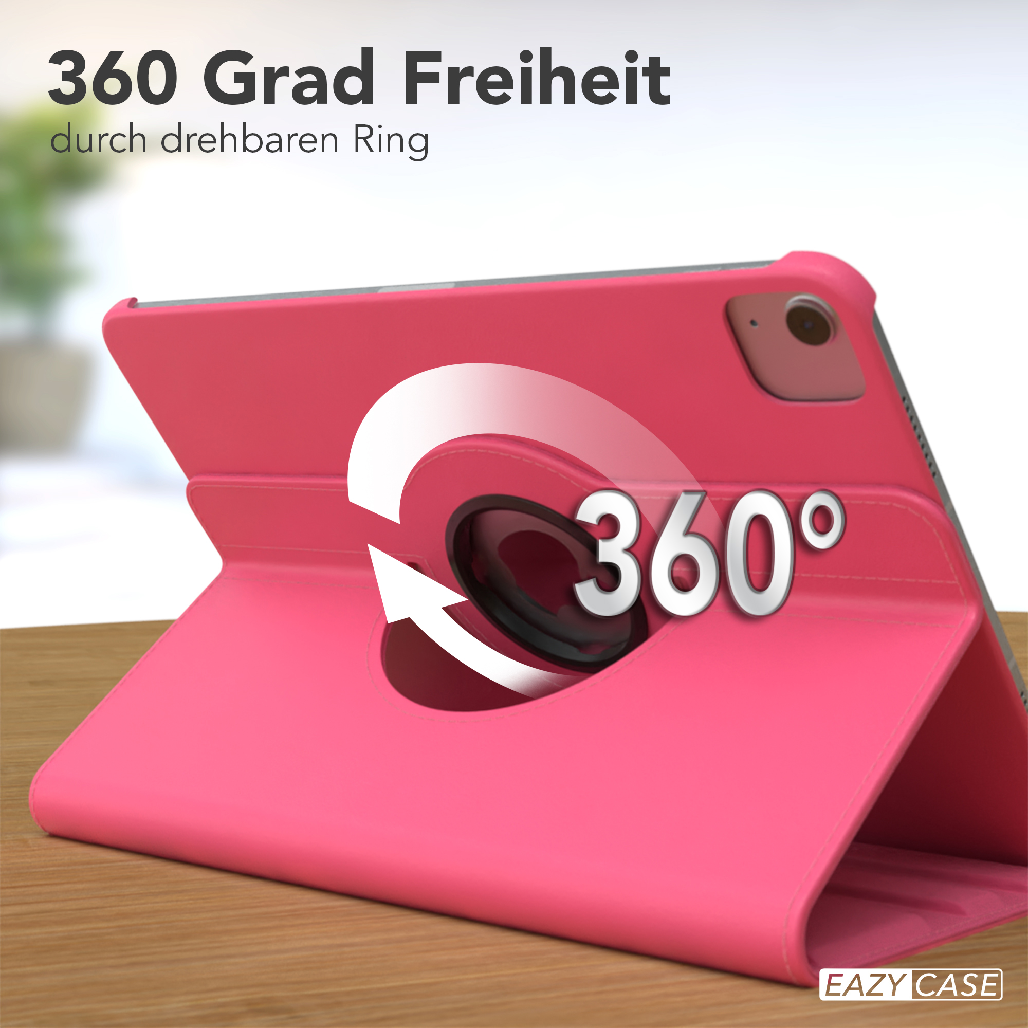 Eine rosa Tablet-Hülle mit einem 360-Grad-Drehring. Text lautet '360 Grad Freiheit'.