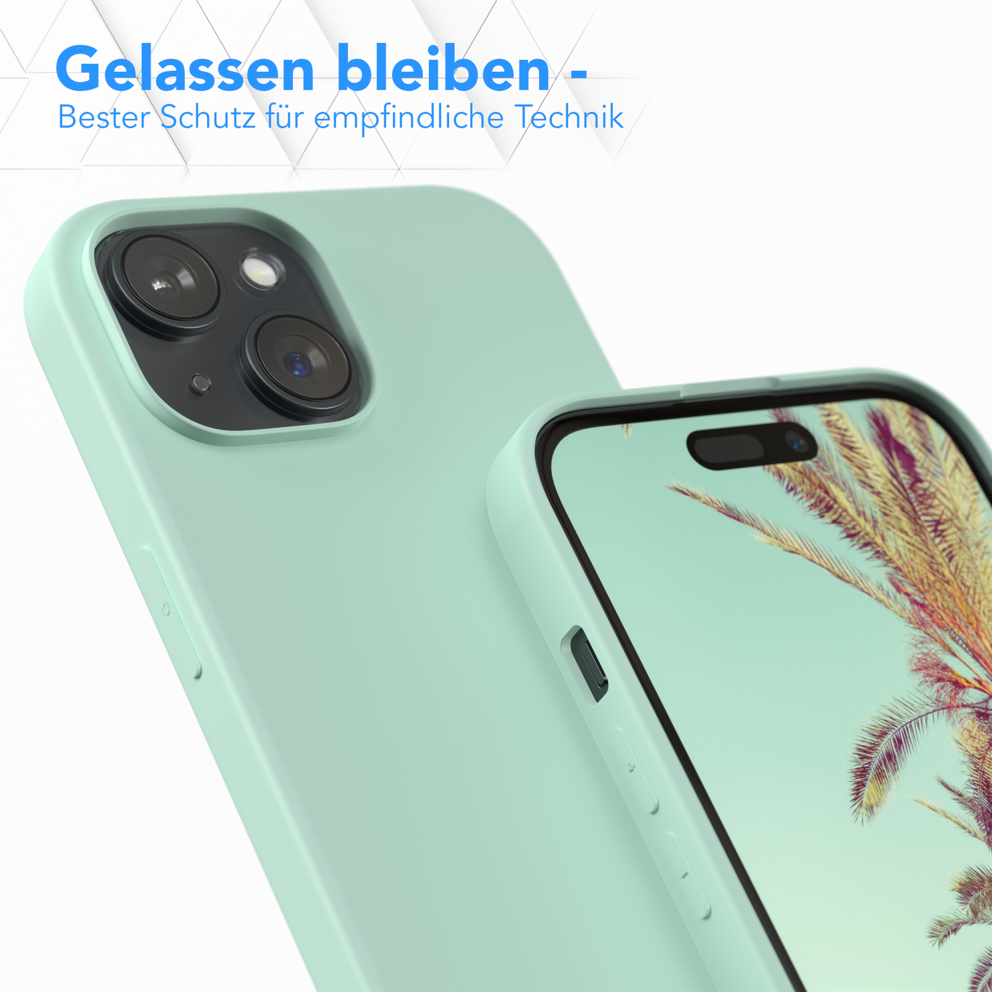 Handyhülle mit Handy. Text: Gelassen bleiben - Bester Schutz für empfindliche Technik.