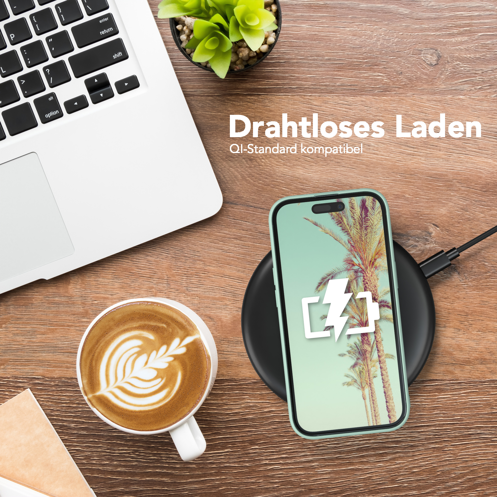 Ein Telefon auf einem kabellosen Ladegerät mit einer Kaffeetasse und einem Laptop in der Nähe. Text: 'Kabelloses Laden'.