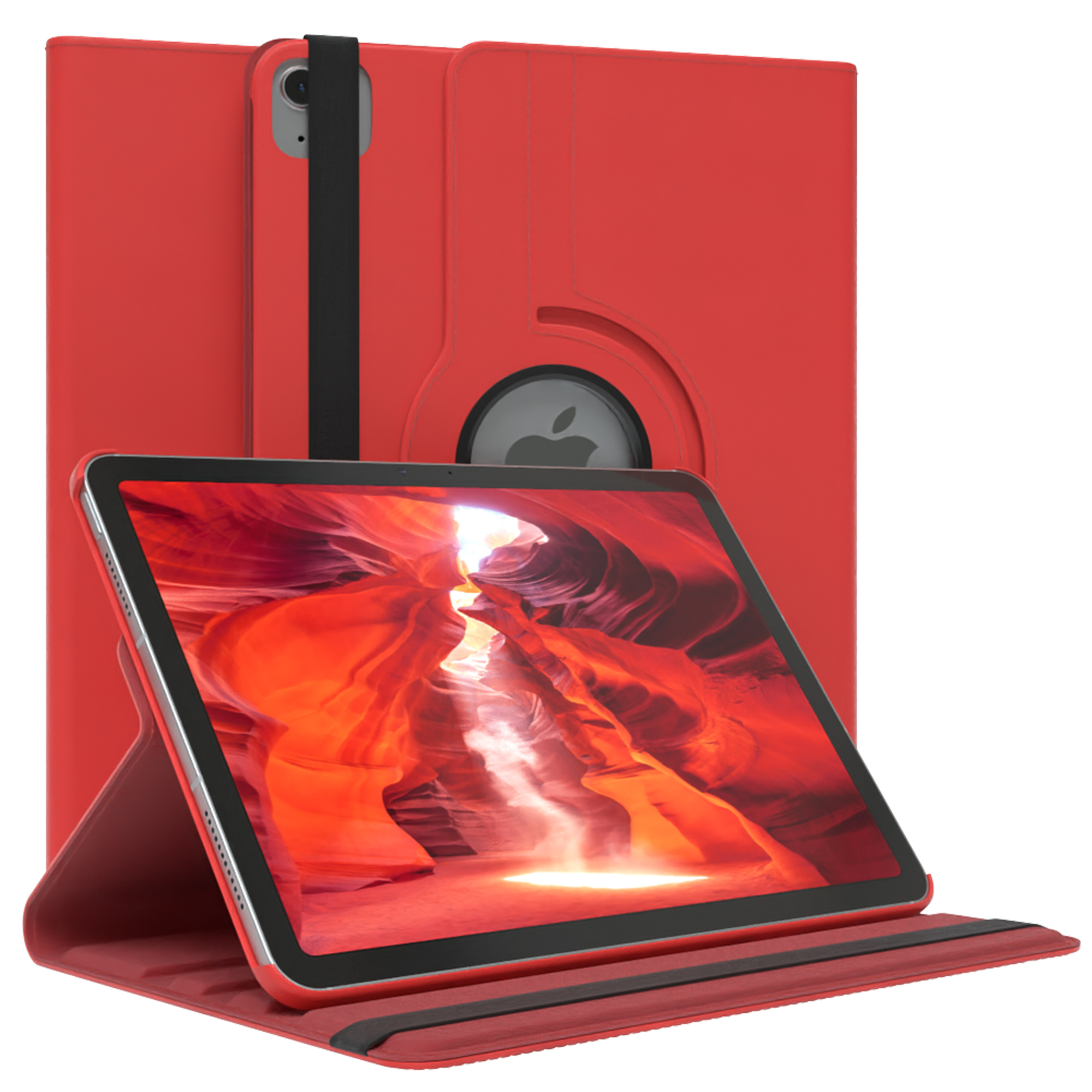 Eine rote Tablet-Hülle mit einem Tablet darin. Die Hülle hat ein Drehgelenk und eine Standfunktion.