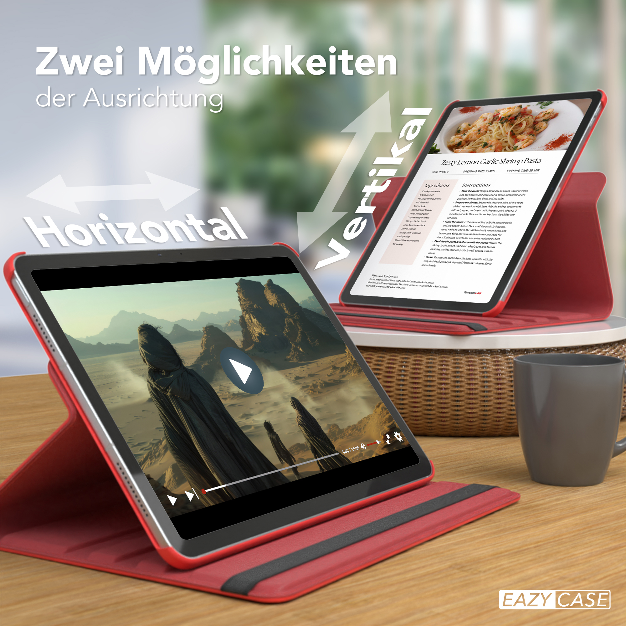 Tablets, die Video und Rezept zeigen, horizontal und vertikal, auf einem Tisch.