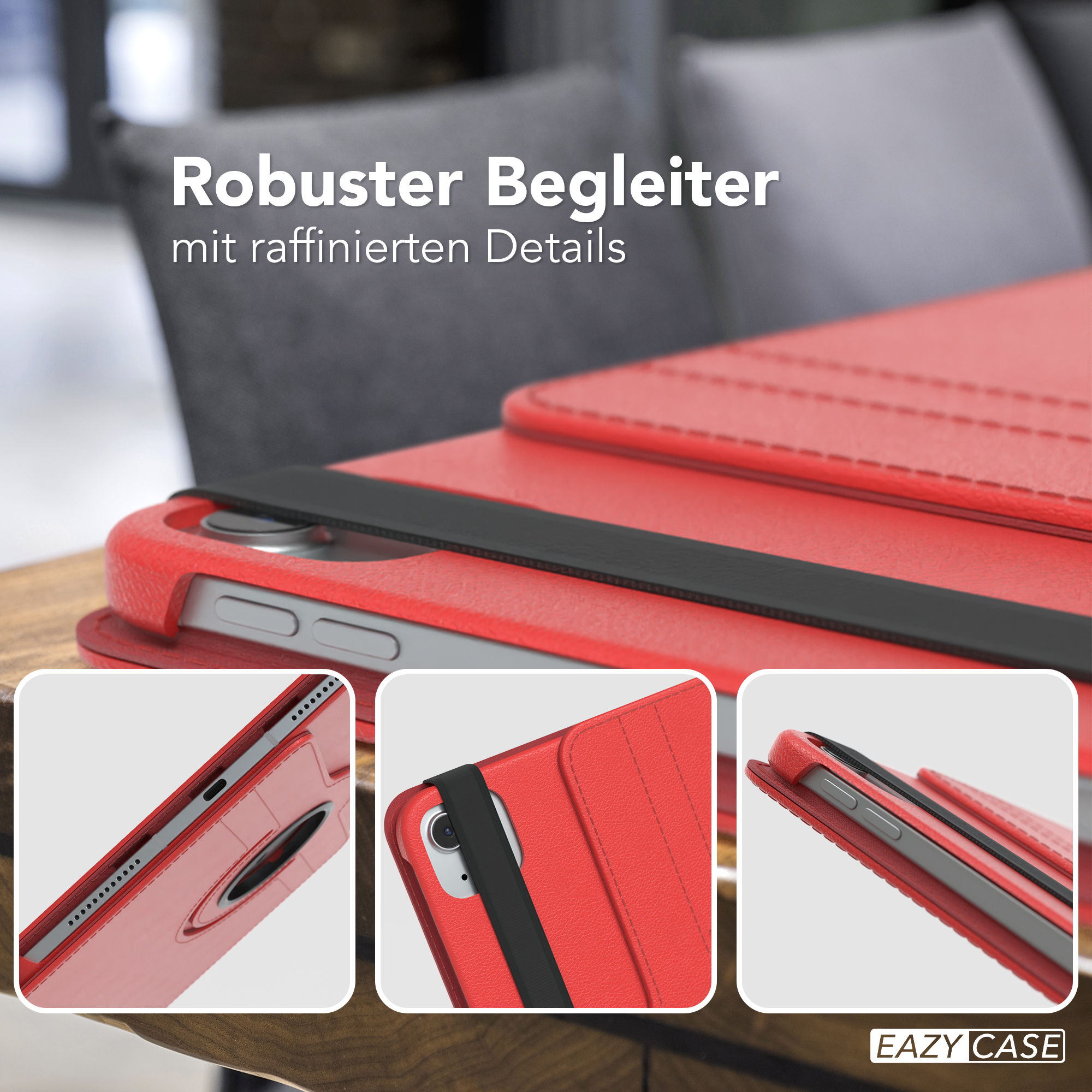 Rote Tablethülle mit schwarzem Band. Nahaufnahmen von Hülle und Tablet auf einem Holztisch.