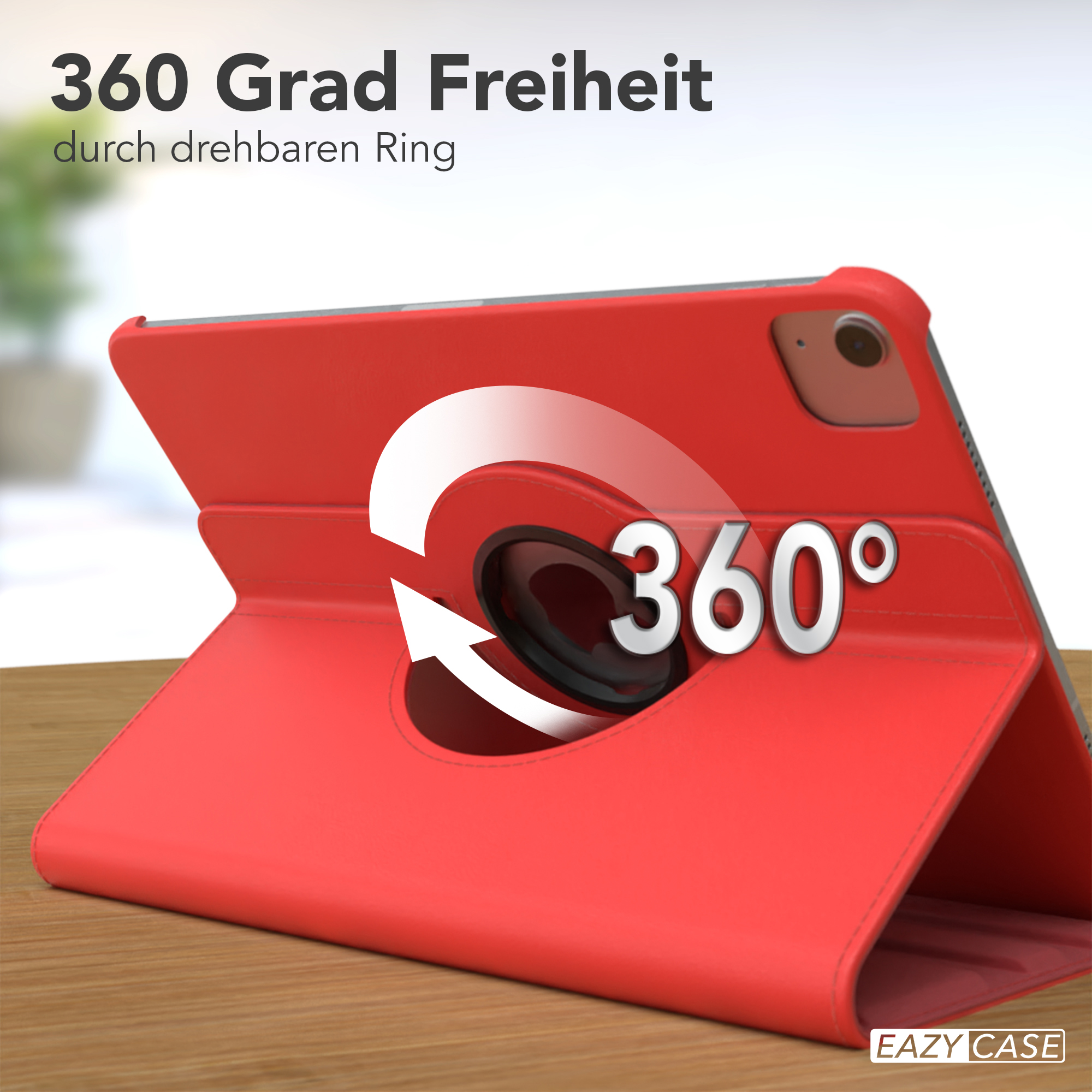 Rote Tablet-Hülle mit drehbarem Ring auf einer Holzoberfläche.