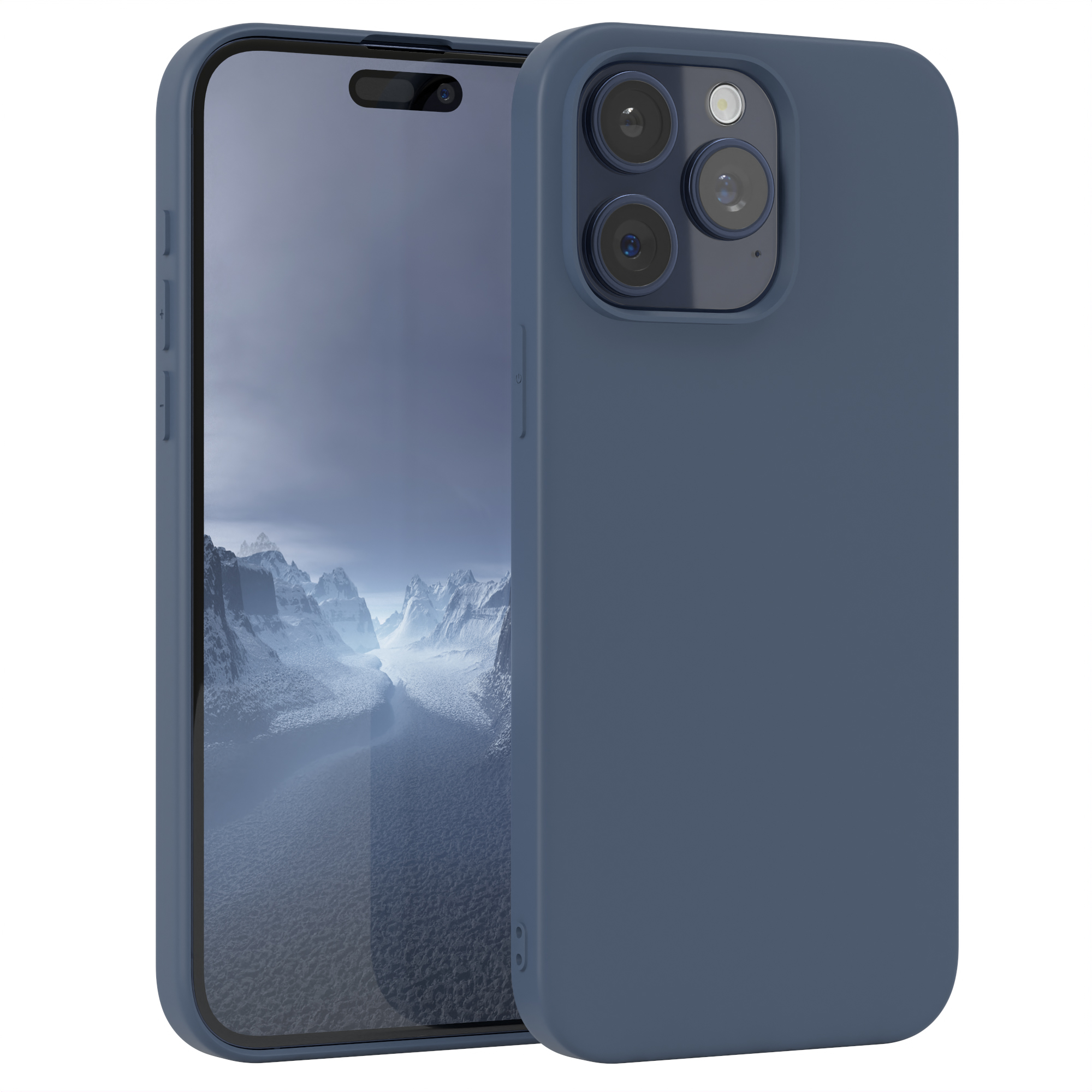 Zwei blaue Handyhüllen, eine mit einem Telefon darin. Die Handyhülle ist marineblau.