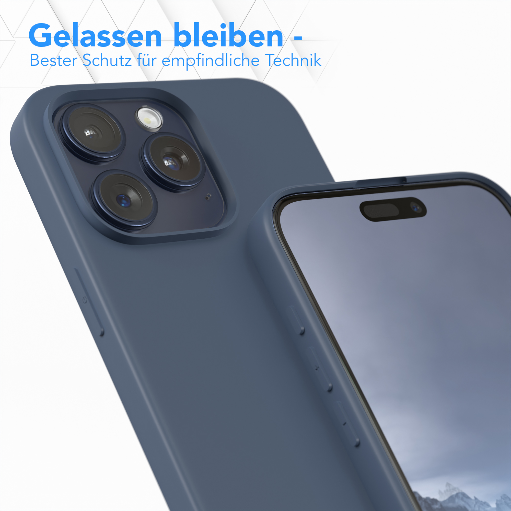 Nahaufnahme einer Handyhülle, blaue Hülle mit sichtbaren Kameralinsen, Text: "Entspannt bleiben".