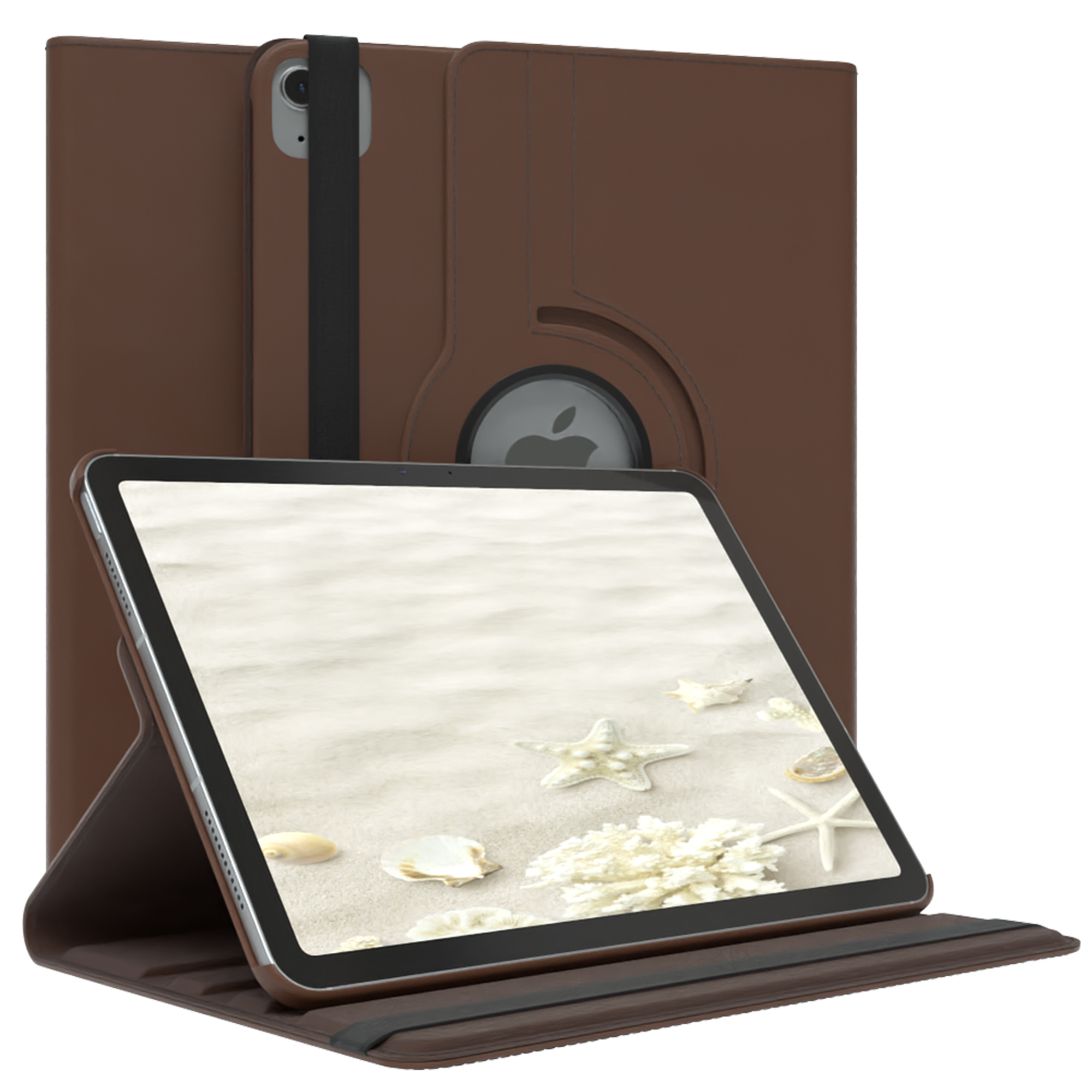 Braune Tablet-Hülle mit Strand-Szene-Bildschirm. Eine passende Hülle befindet sich dahinter. Schwarzer Riemen. Weißer Hintergrund.