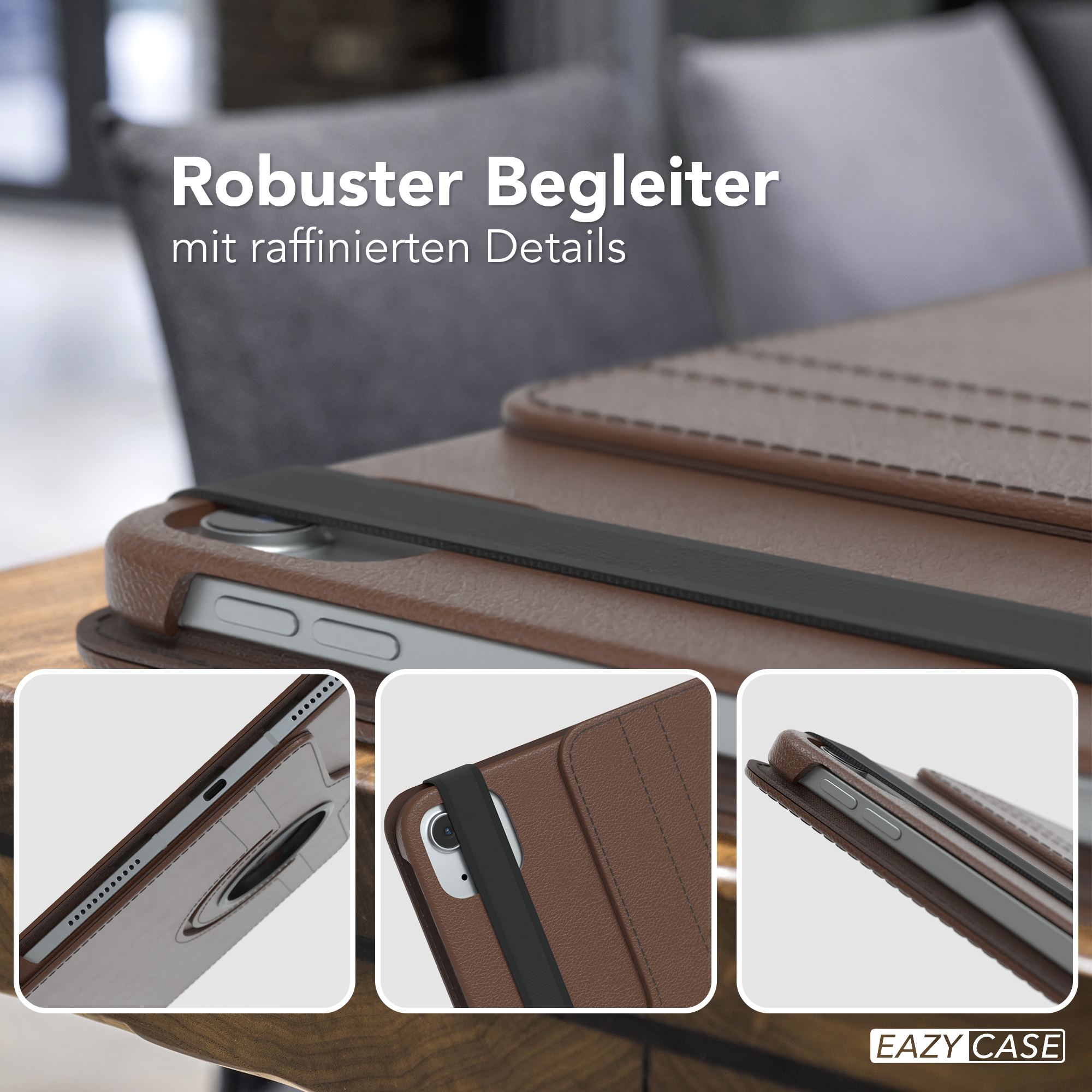 Eine braune Lederhülle mit einem Tablet darin. Nahaufnahmen von Details, Kanten und eine Seitenansicht.