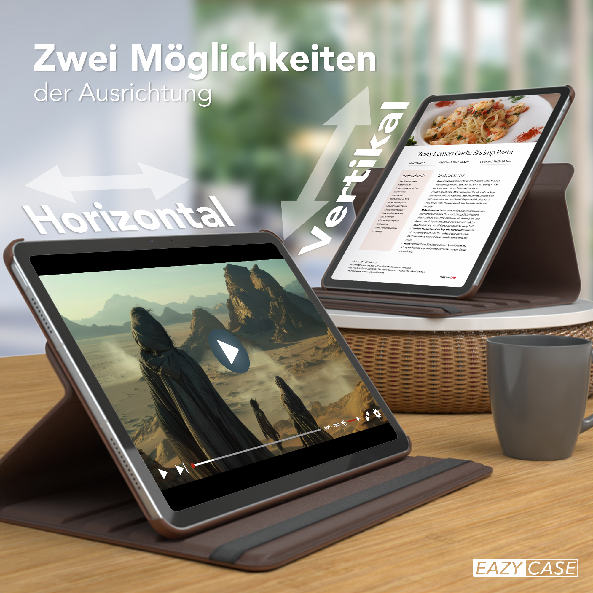 Zwei Tablets, eines zeigt ein Video, das andere ein Rezept, auf einer Holzoberfläche.