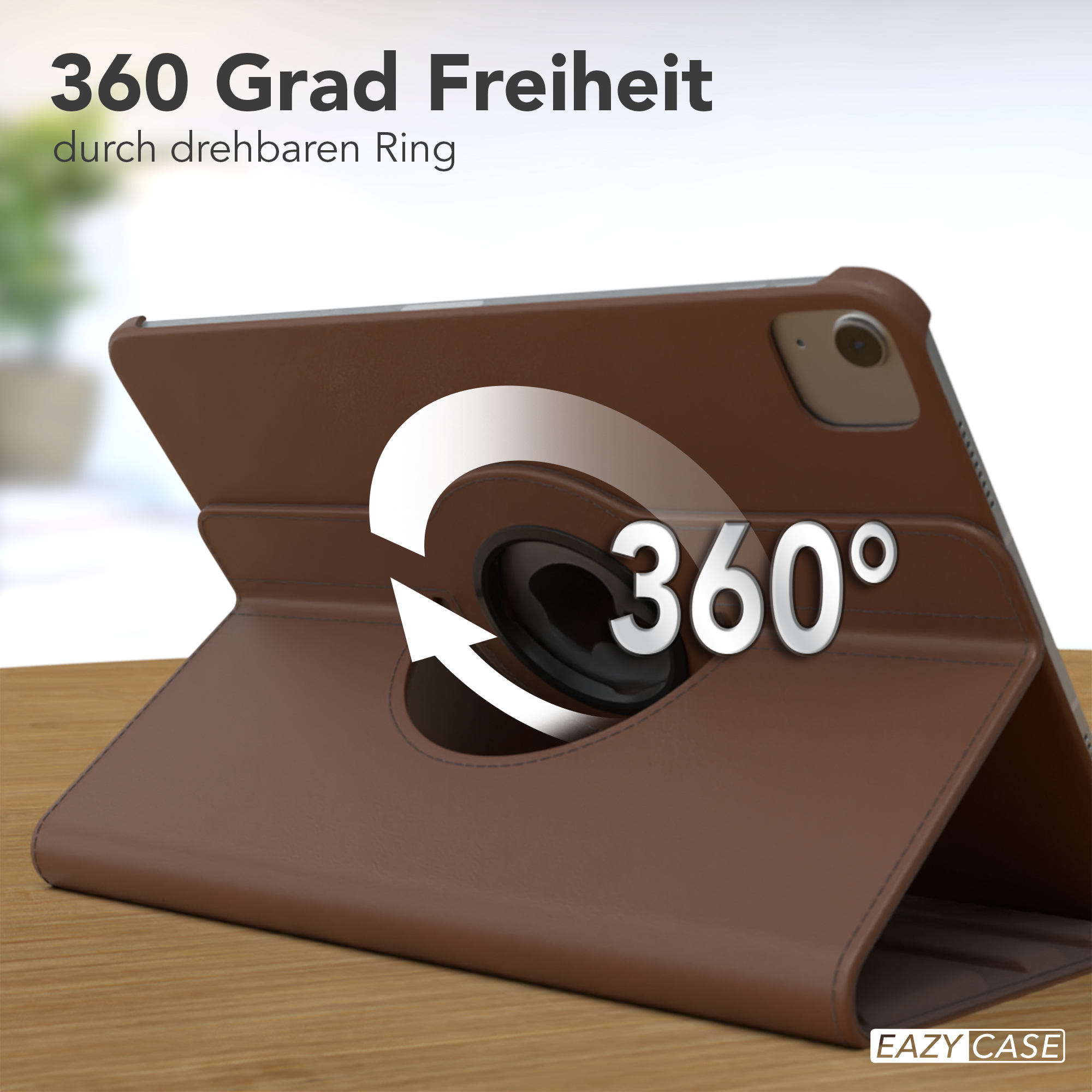 Eine braune Tablet-Hülle mit drehbarem Scharnier, mit weißem Pfeil und 360°-Etikett.