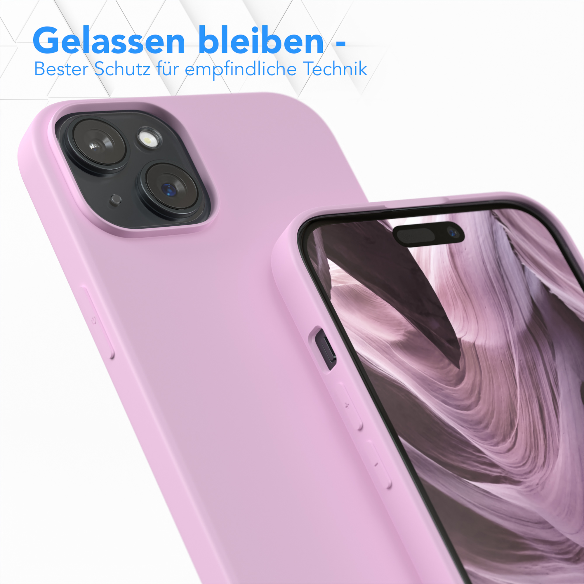 Zwei rosa Handyhüllen, eine auf einem Telefon, eine abgenommen. Sie sind vor einem verschwommenen Hintergrund platziert.