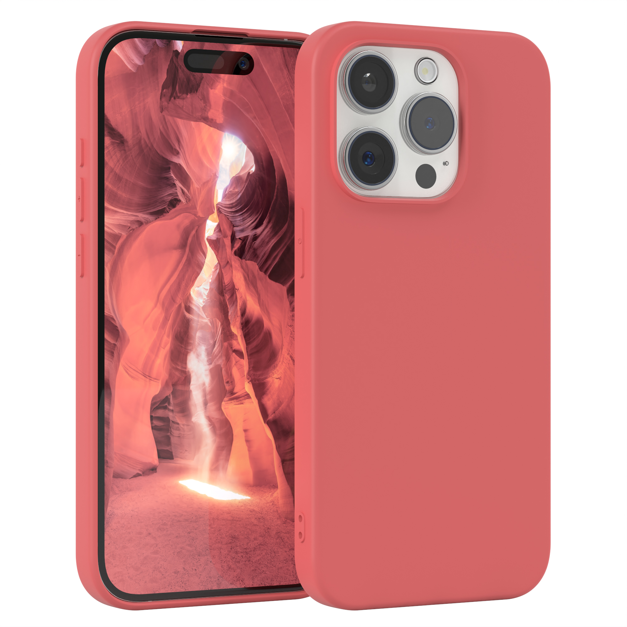 Korallenrotes Handycase auf einem Telefon. Das Telefon hat eine Kameraerhebung auf der Rückseite.