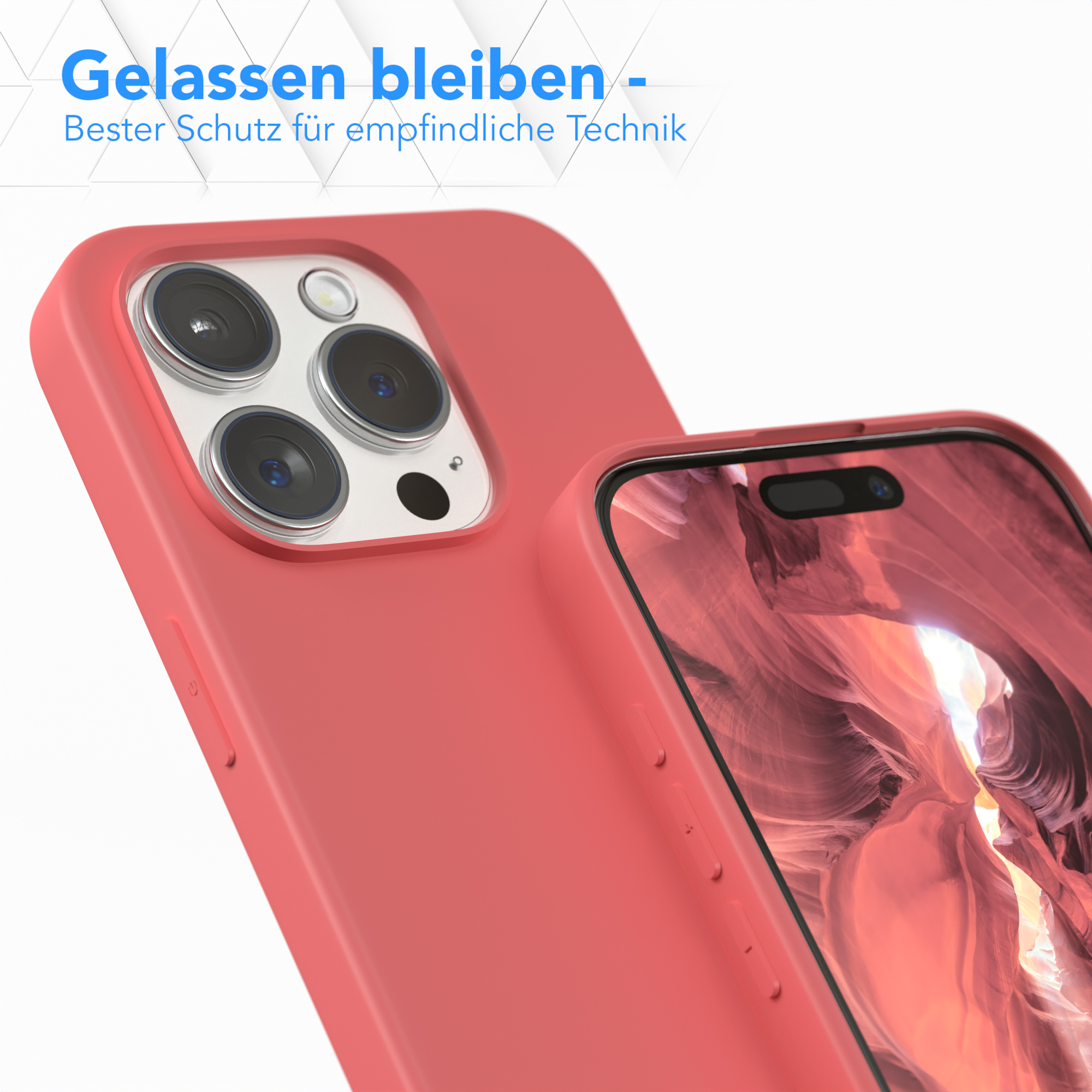 Nahaufnahme einer roten Handyhülle, die ein Telefon schützt. Text: Gelassen bleiben - Bester Schutz für empfindliche Technik.