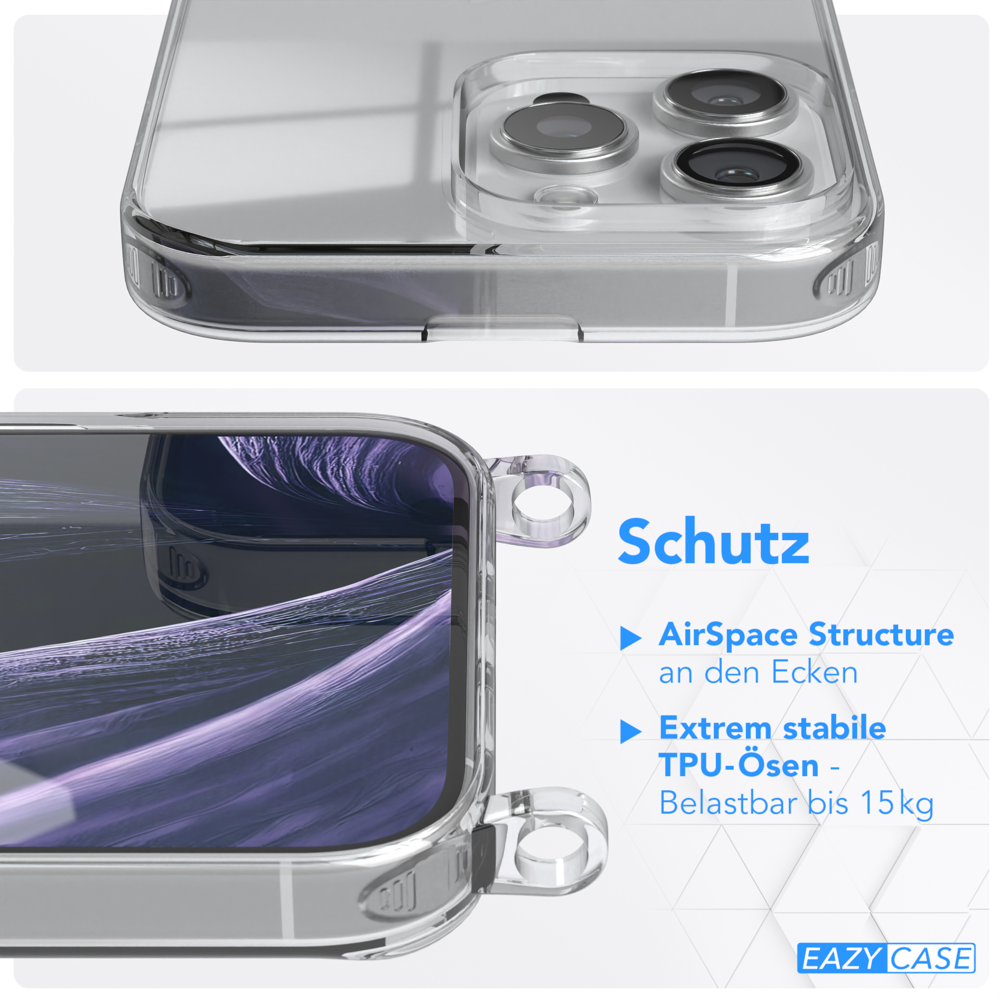 Transparente Handyhülle mit einem Telefon darin, Details an den Ecken und der Rückseite sichtbar.
