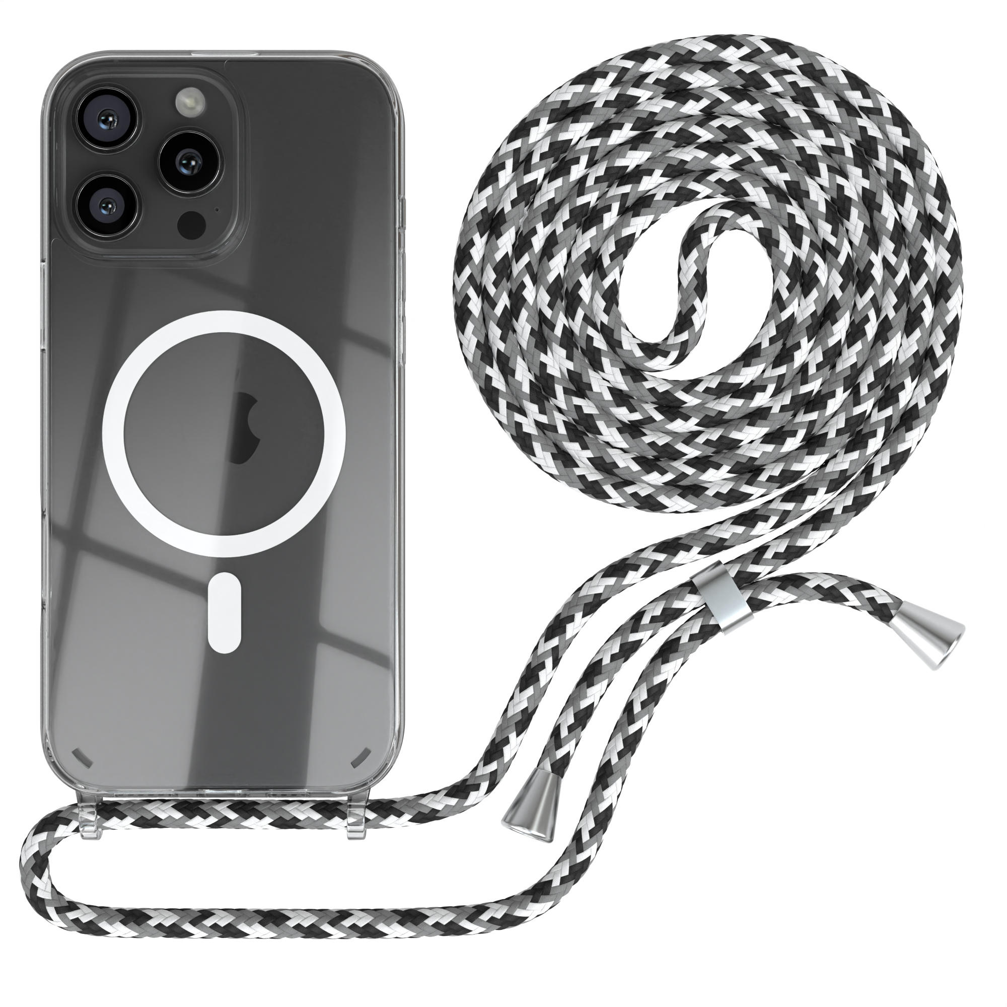 Eine transparente iPhone-Hülle mit einer schwarz-weißen Kordel im Seilstil, aufgerollt und am Telefon befestigt.