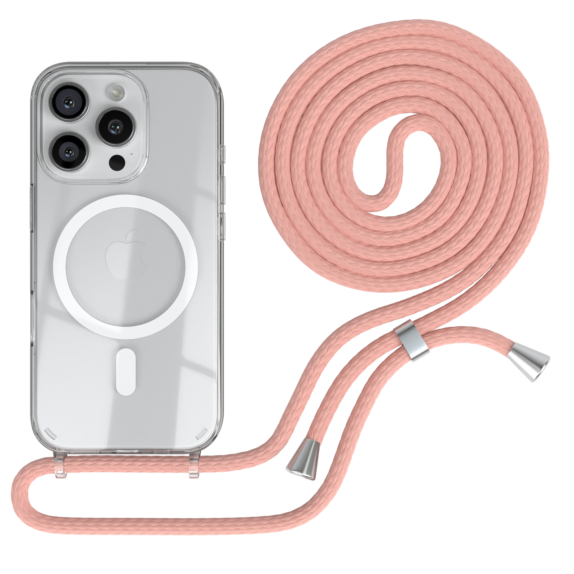 Transparente Handyhülle mit rosa Kordel. Telefon ist silber mit weißem Kreis. Kordel befestigt.
