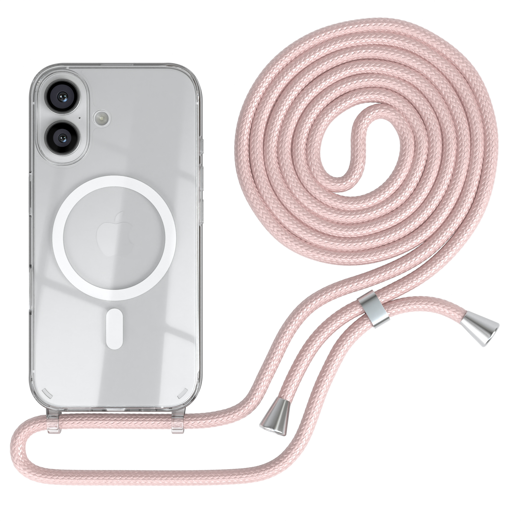 Transparente Handyhülle mit rosa Kordel und einem aufgerollten Abschnitt.
