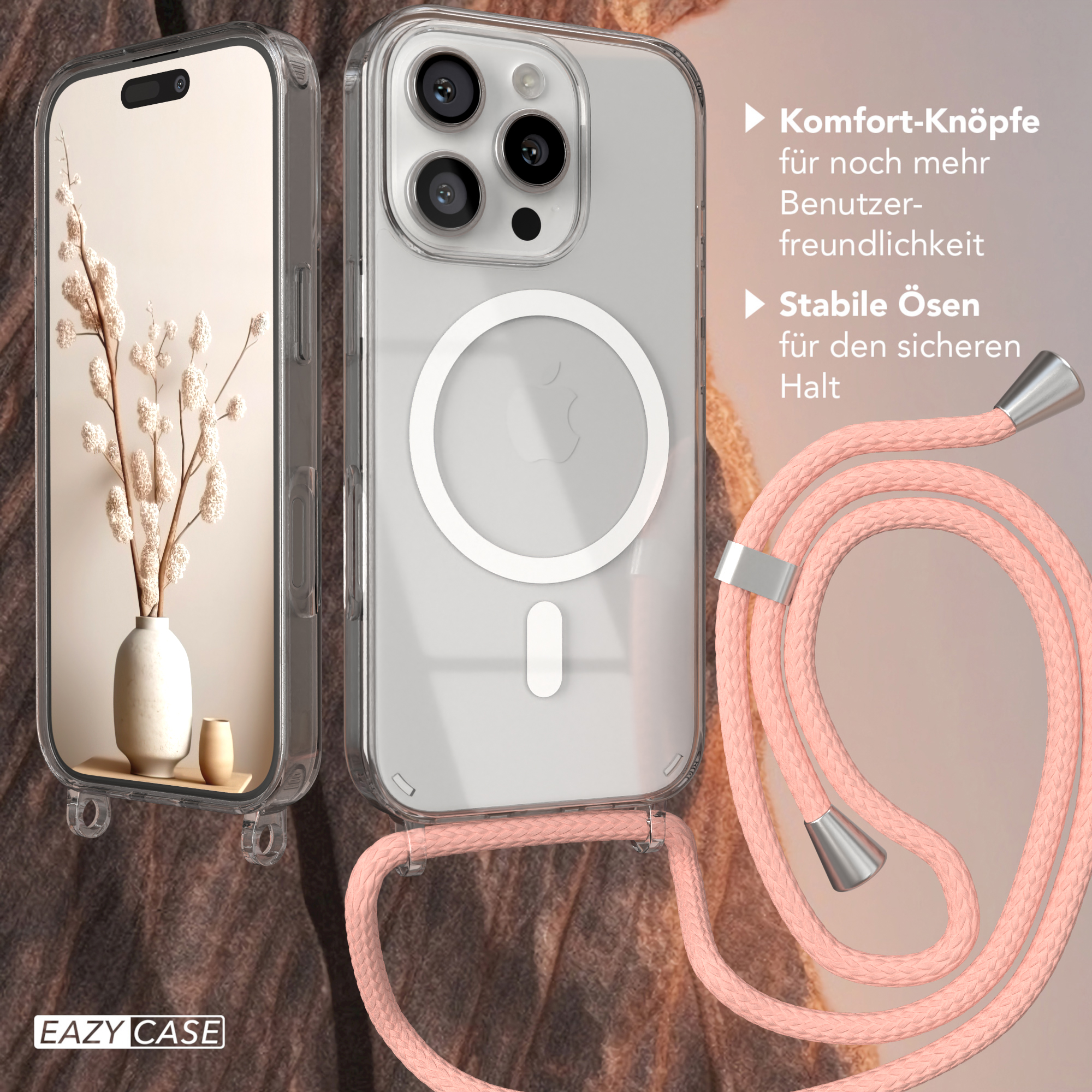 Eine transparente Handyhülle mit einem rosa Schlüsselband und einer Vase mit Blumen auf braunem Hintergrund.