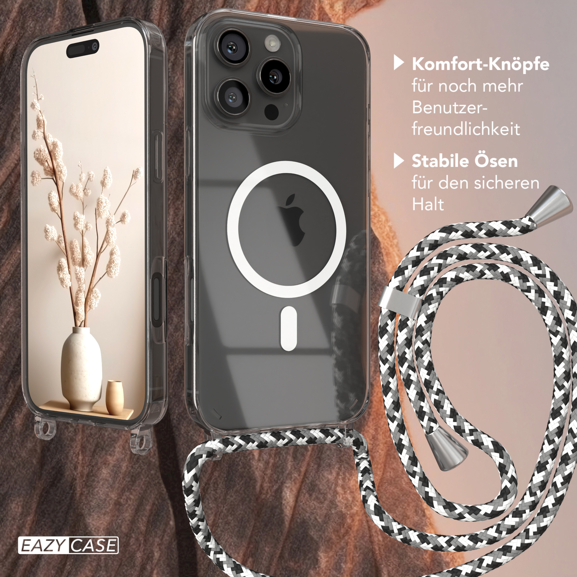 Zwei klare Handyhüllen mit Riemen und ein Handy werden gezeigt.