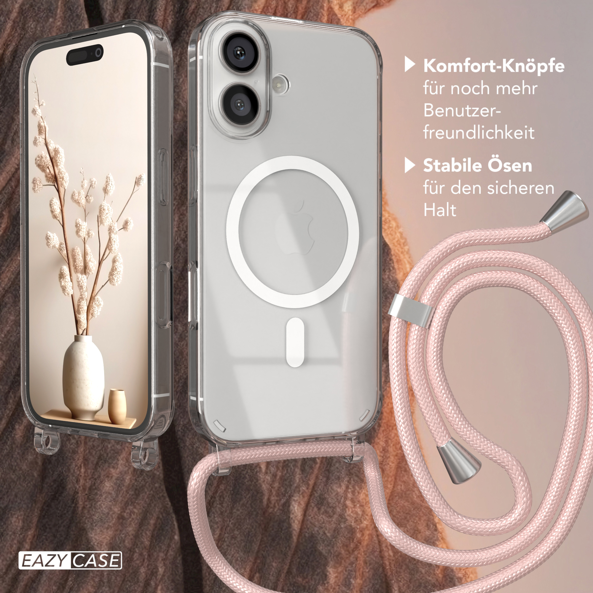 Transparente Handyhülle mit Telefon, rosa Kordel und Vase mit Blumen davor.