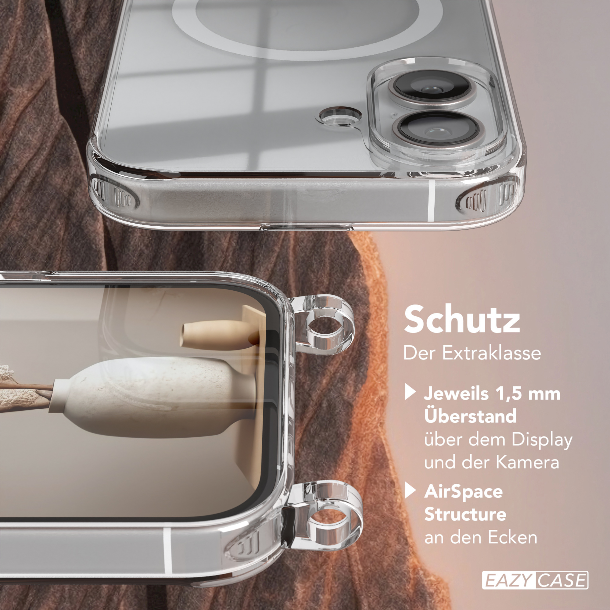 Nahaufnahme einer durchsichtigen Handyhülle, Details zum Schutz.