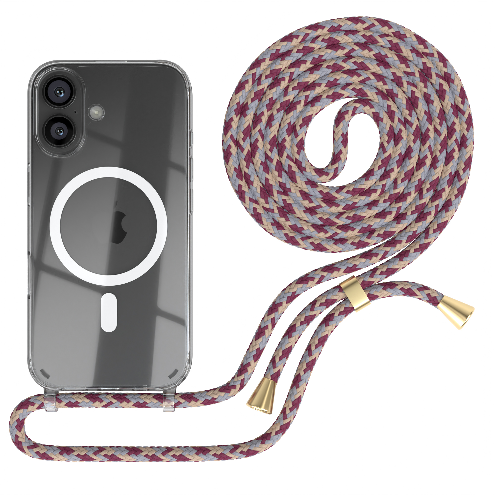 Transparente Handyhülle mit geflochtener Kordel. Die Kordel ist weinrot, grau und beige. Auf weißem Grund.