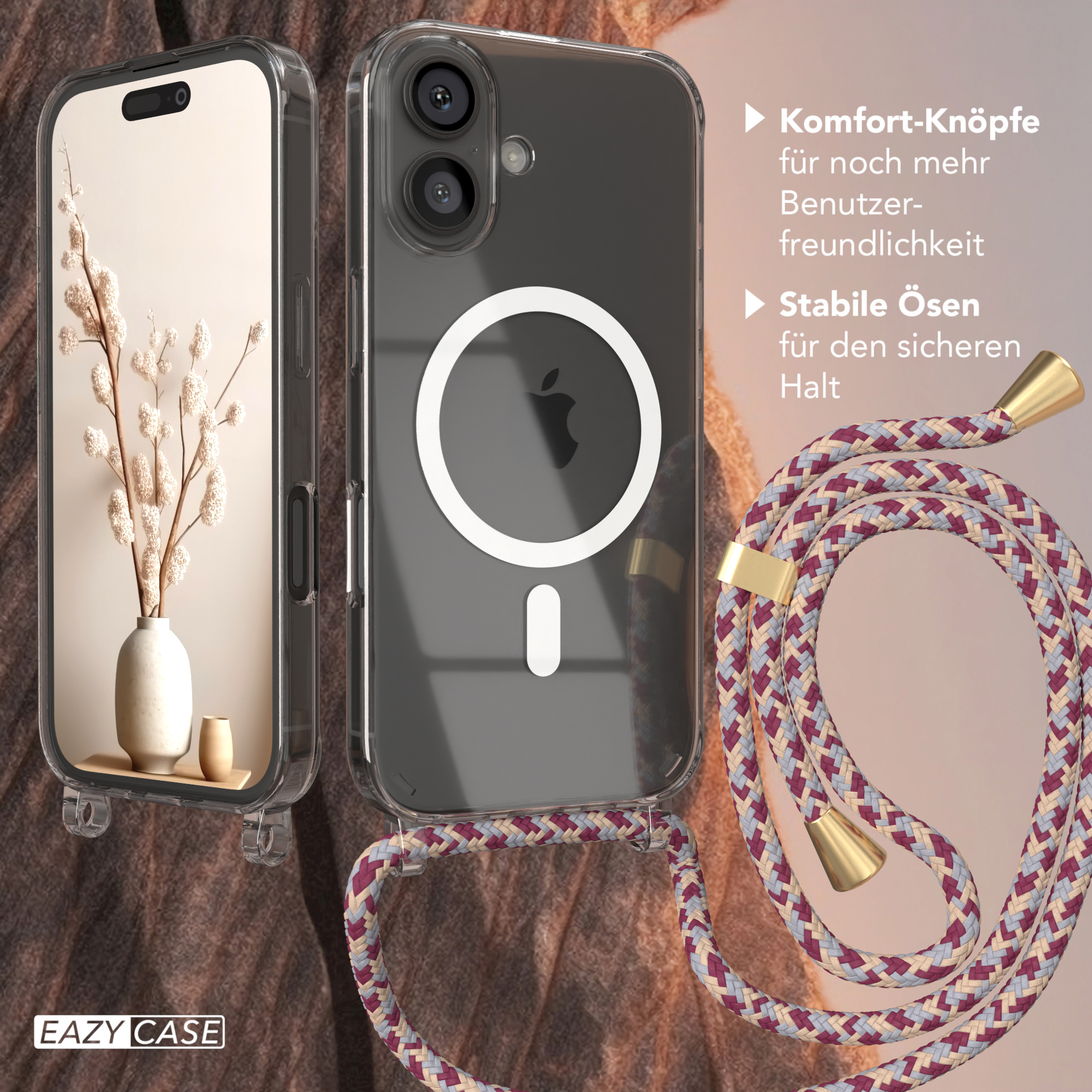 Transparente Handyhülle mit floralem Hintergrund und farbigem Riemen.