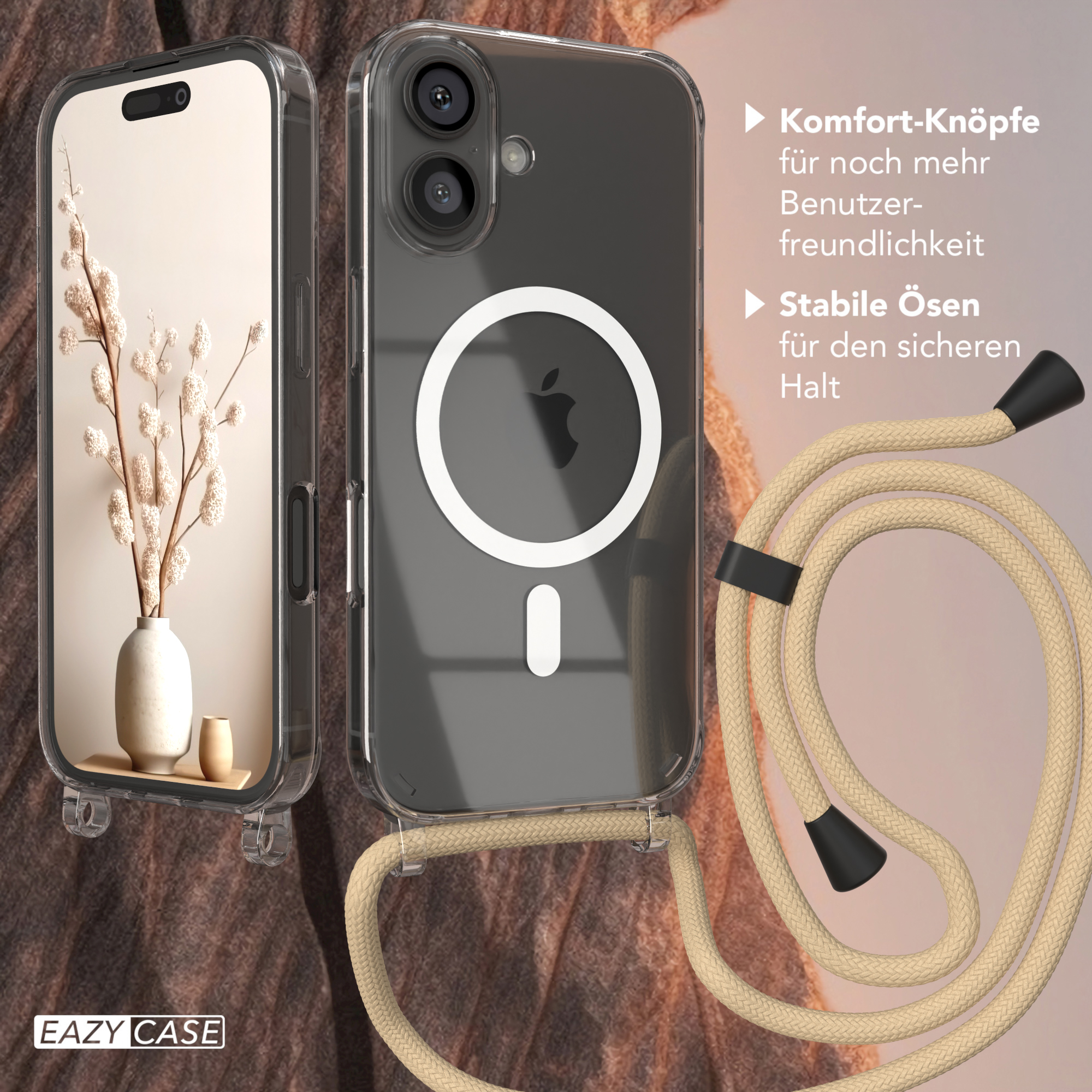 Transparente Handyhüllen mit Schlüsselband. Eine ist auf einem Telefon, die andere leer. Der Hintergrund ist verschwommen.