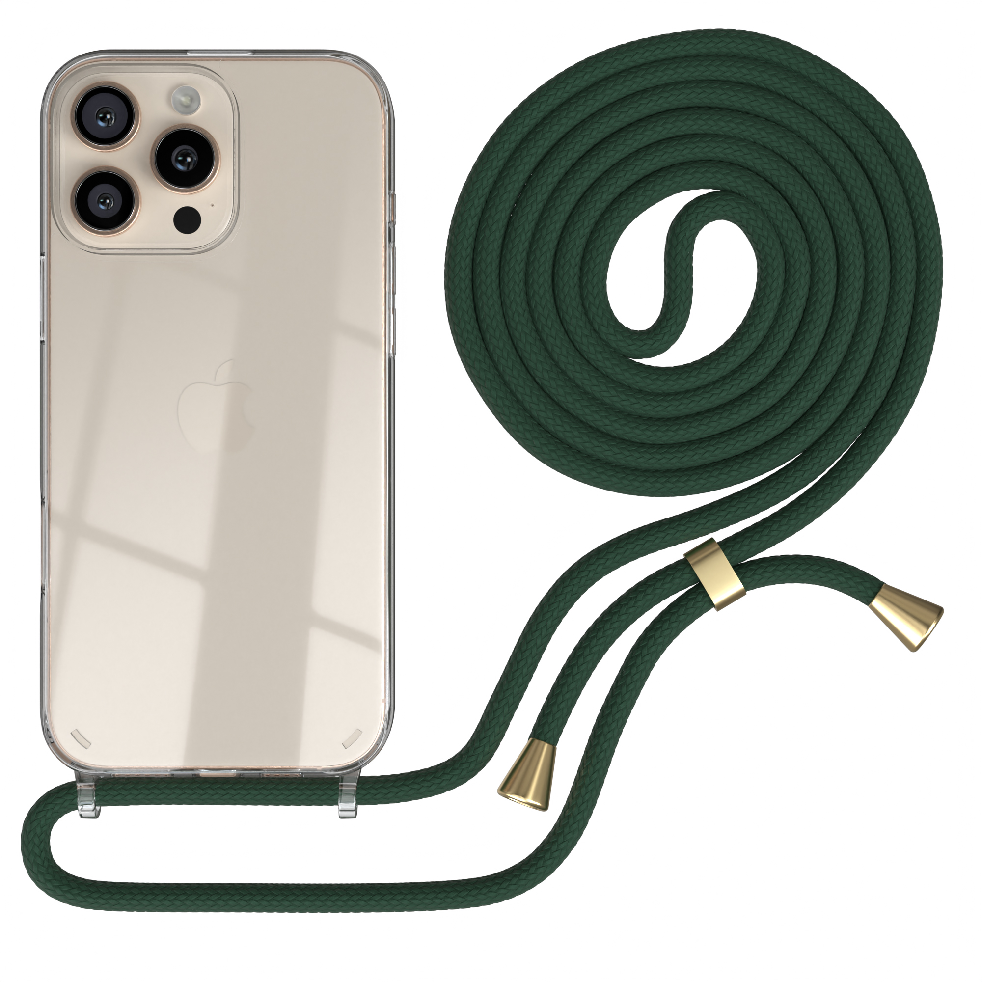 Telefon in transparenter Hülle mit grünem Kabel und goldenen Akzenten, weißer Hintergrund.