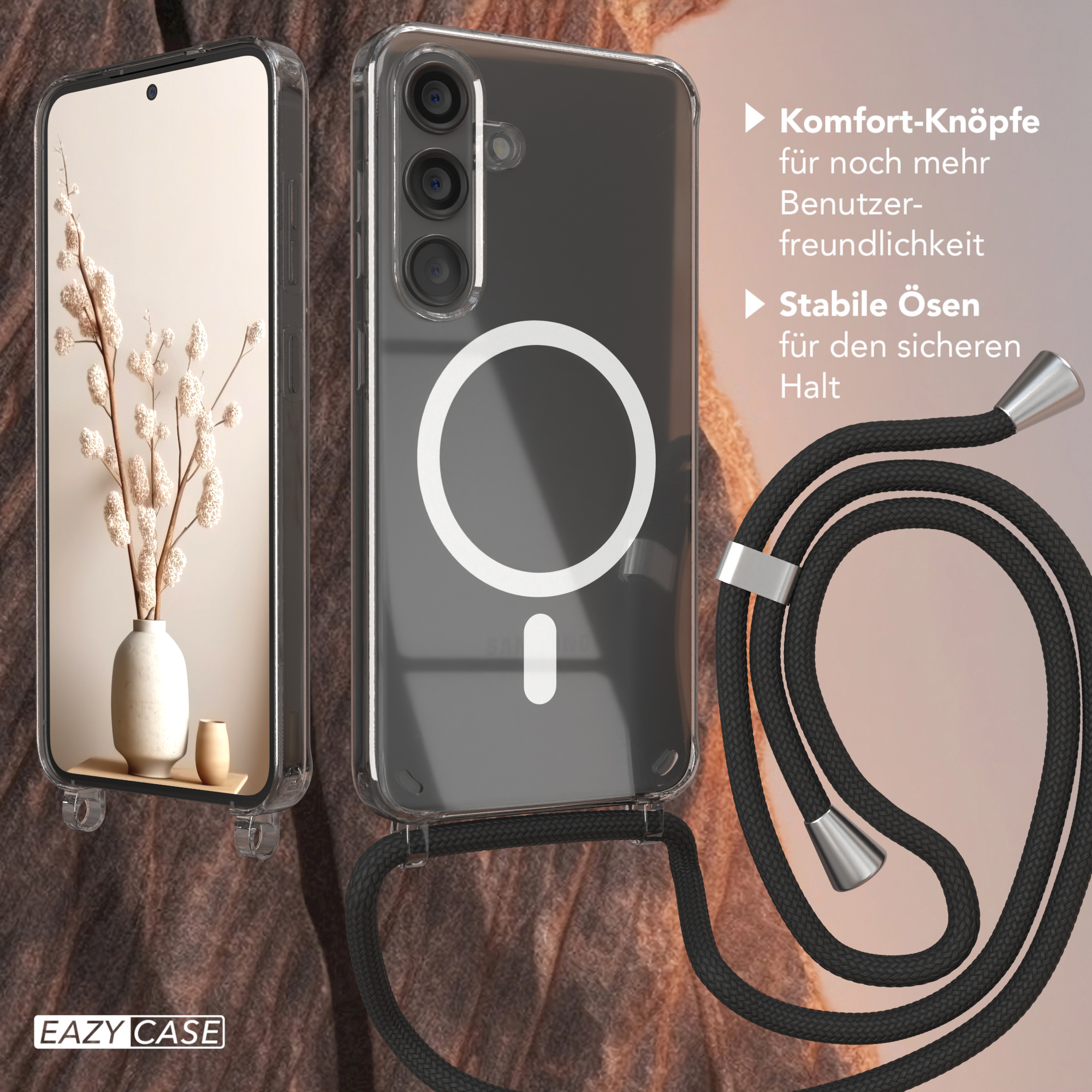 Handyhülle mit Handy, Umhängeband und Blumen in einer Vase.