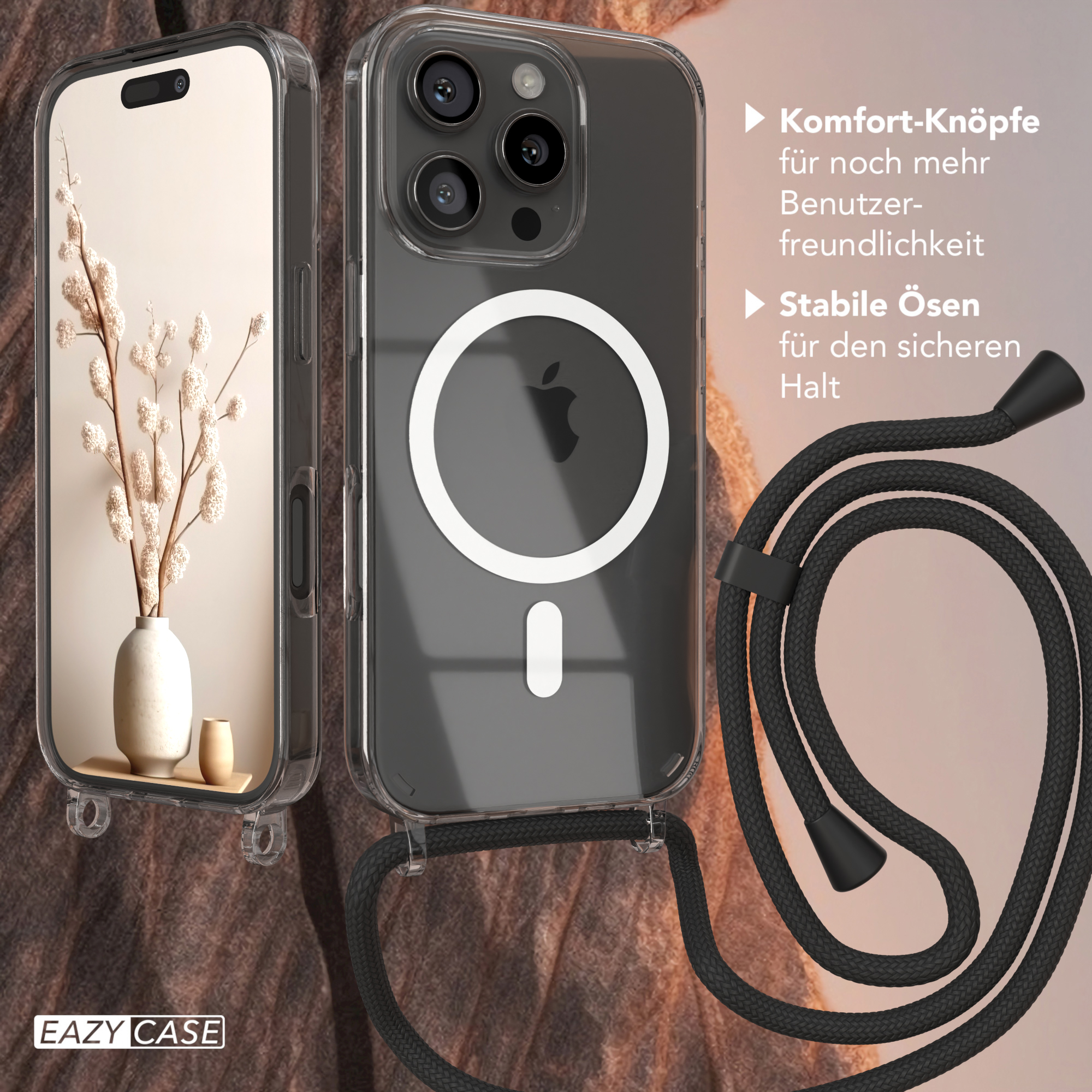 Transparente Handyhülle mit schwarzem Kordel. Die Hülle hat einen weißen Kreis und ein Telefon. Links ist eine Vase mit Blumen.